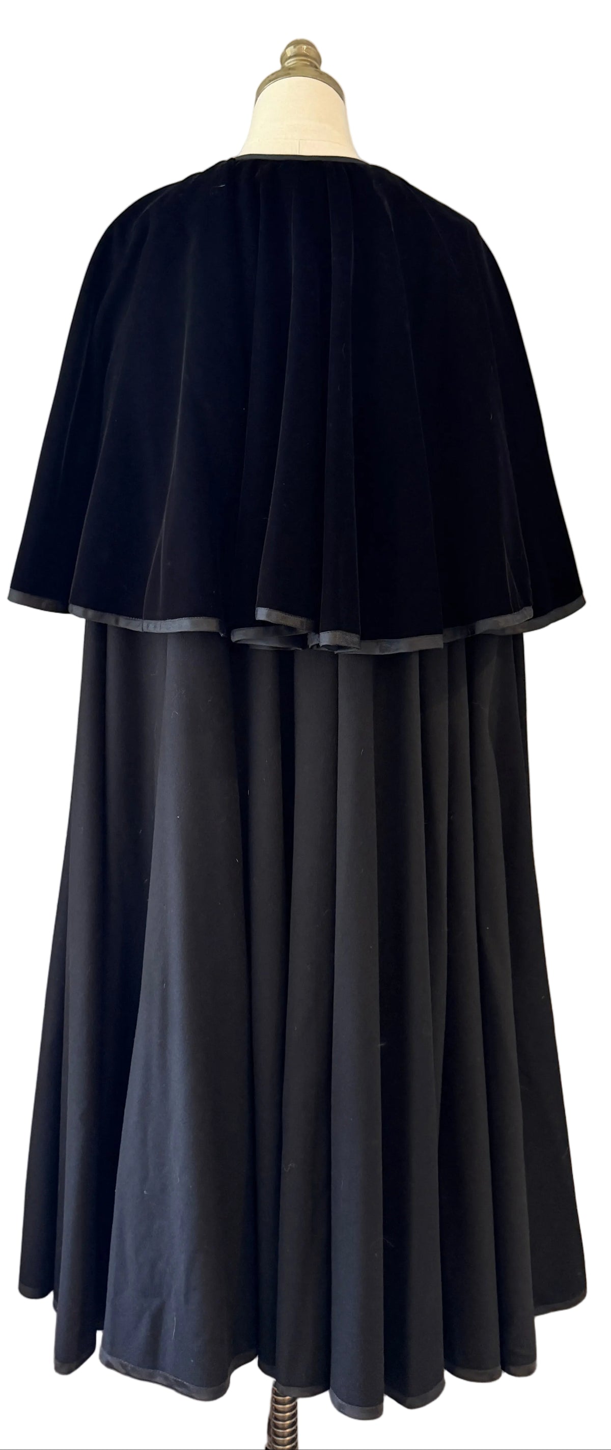 1970s Yves Saint Laurent Black Wool Cape with Velvet Capelet & Satin Neck Tie