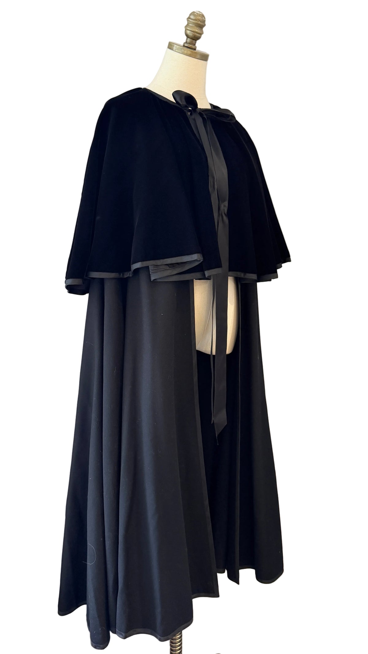 1970s Yves Saint Laurent Black Wool Cape with Velvet Capelet & Satin Neck Tie