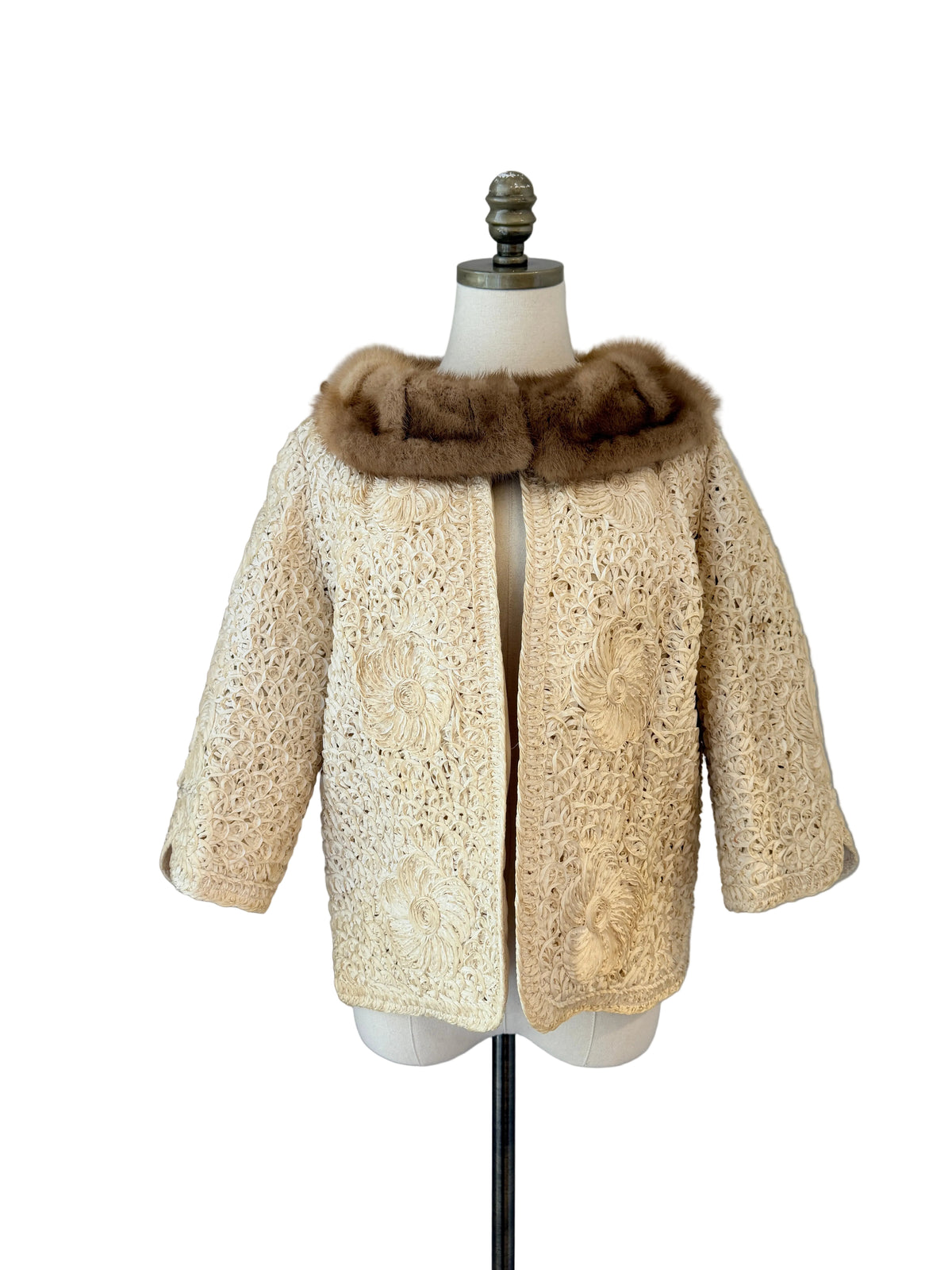 1950s Ivory Ribbon Soutache Cropped Open-Front Jacket with Blonde Mink Collar