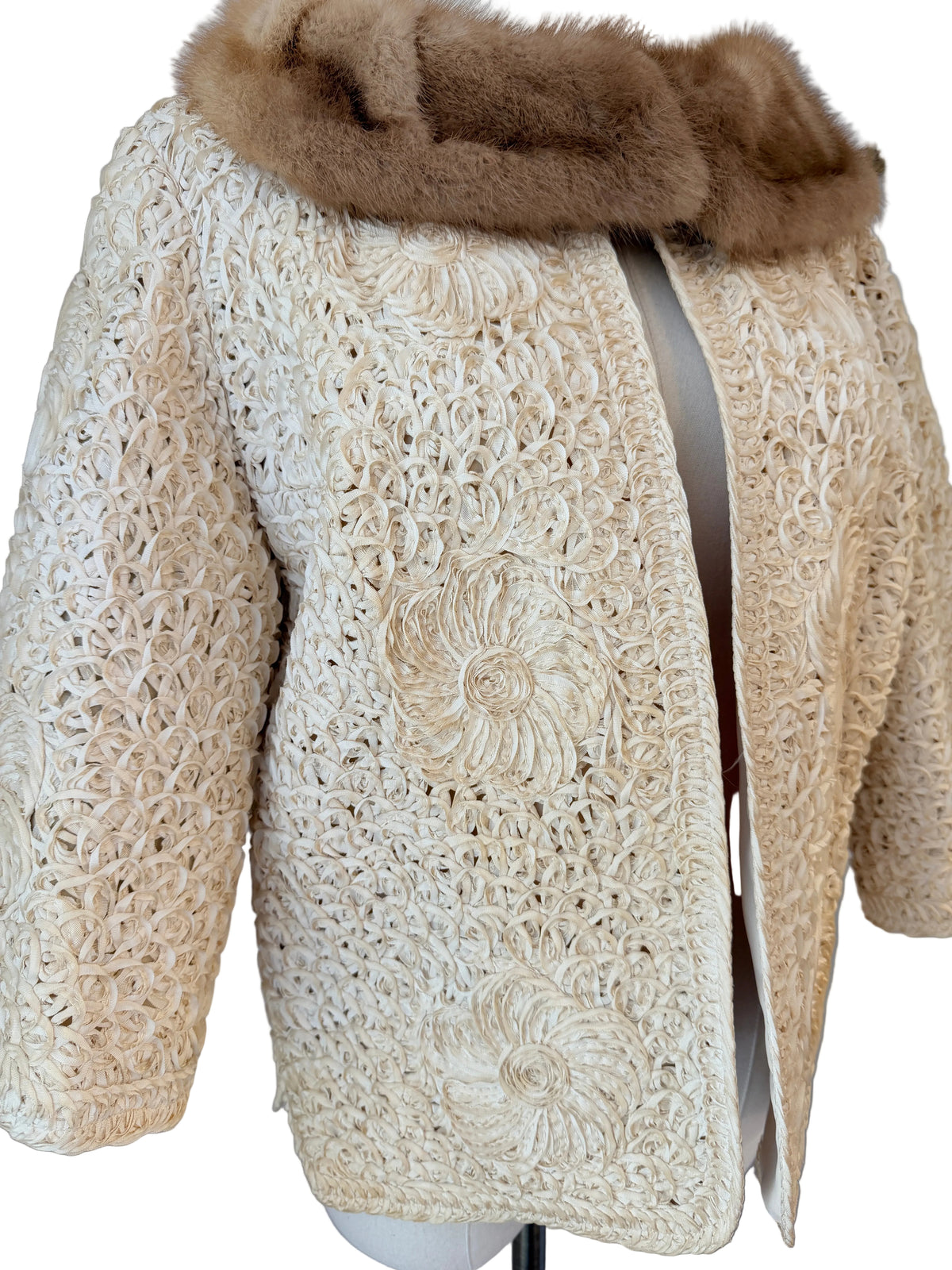1950s Ivory Ribbon Soutache Cropped Open-Front Jacket with Blonde Mink Collar