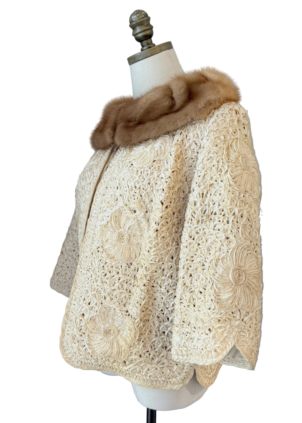 1950s Ivory Ribbon Soutache Cropped Open-Front Jacket with Blonde Mink Collar