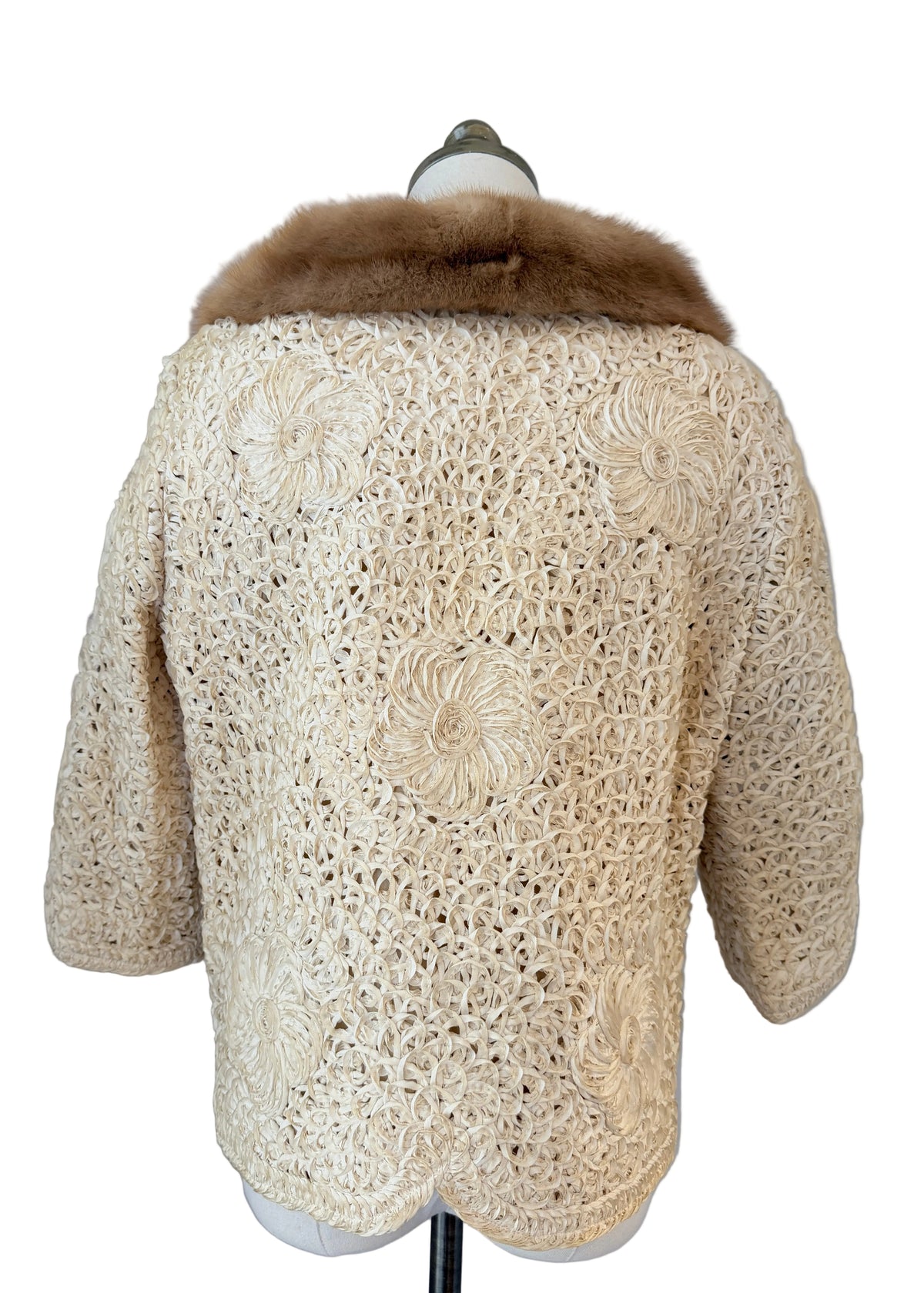1950s Ivory Ribbon Soutache Cropped Open-Front Jacket with Blonde Mink Collar