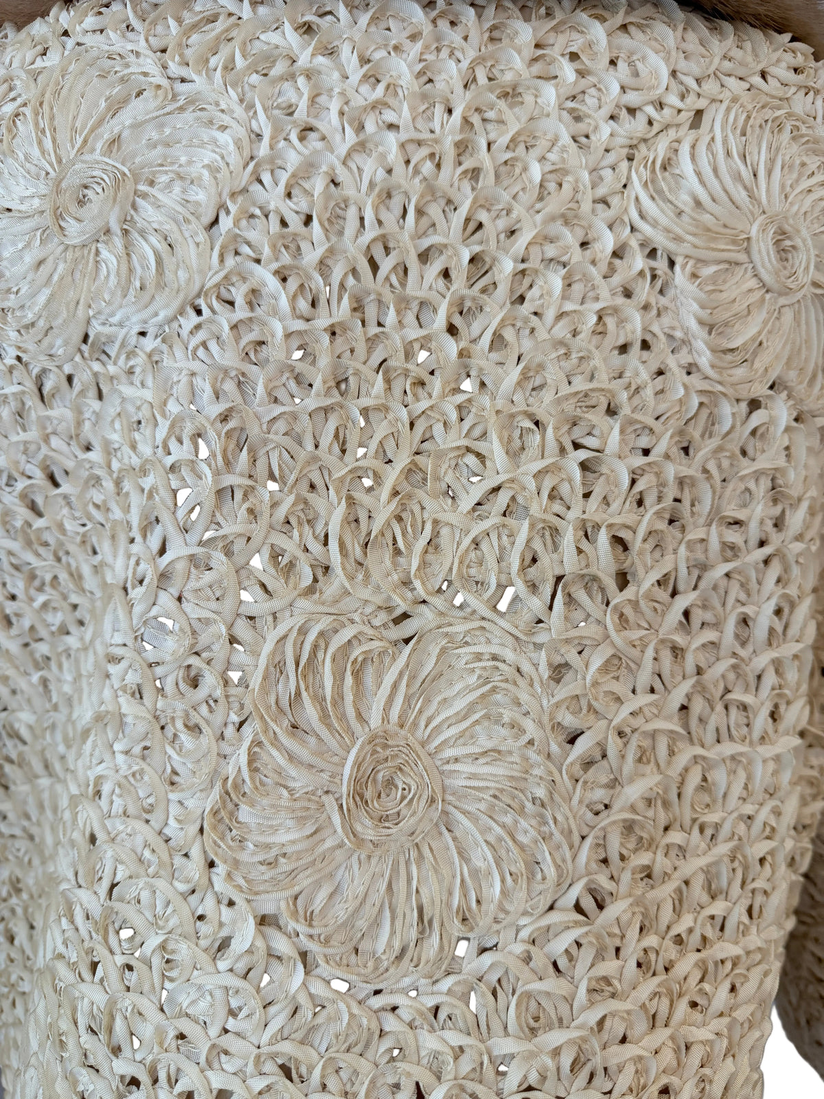 1950s Ivory Ribbon Soutache Cropped Open-Front Jacket with Blonde Mink Collar