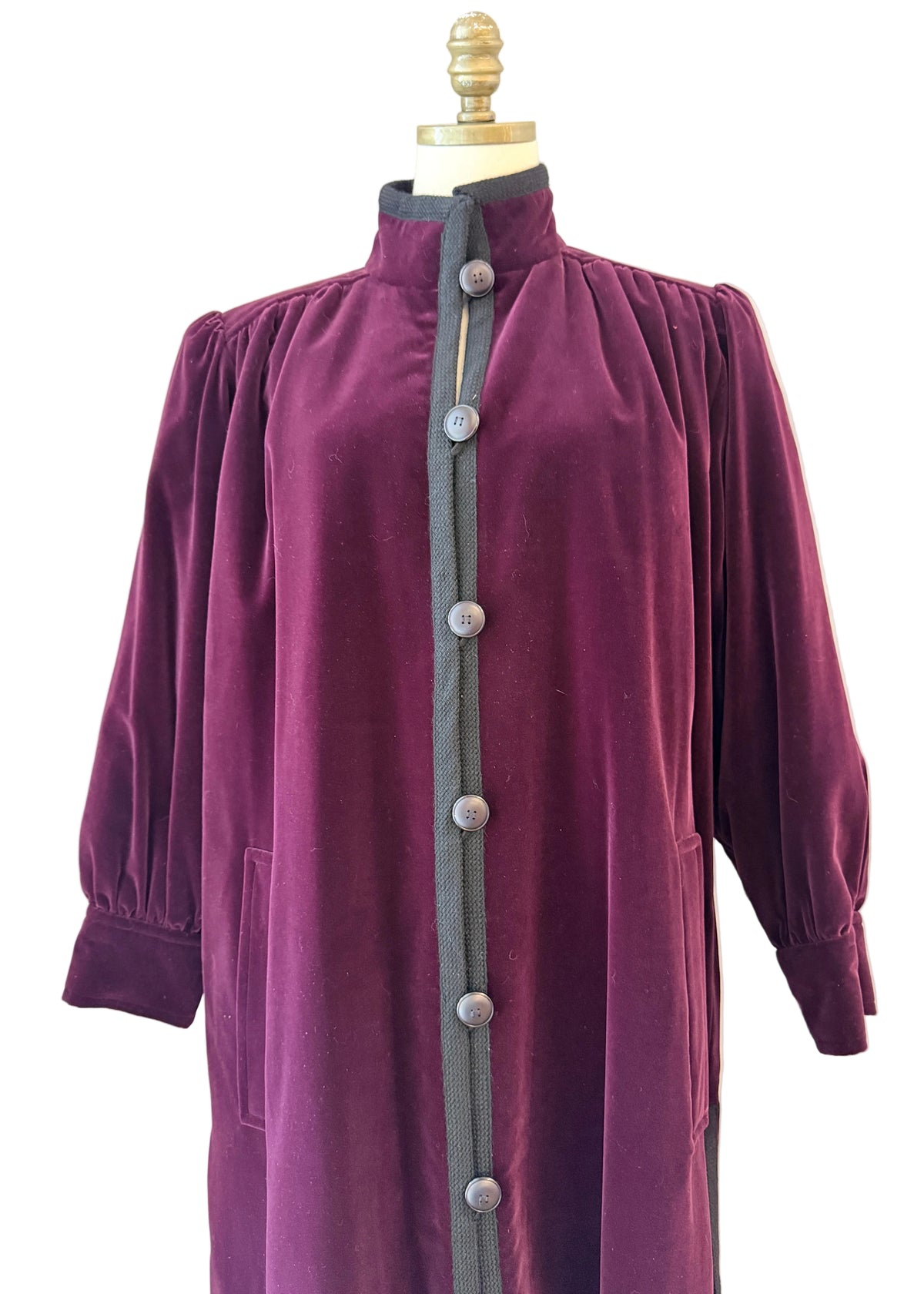 1970s Yves Saint Laurent Plum Velvet Full-Length Button-Front Coat with Pleated Shoulders