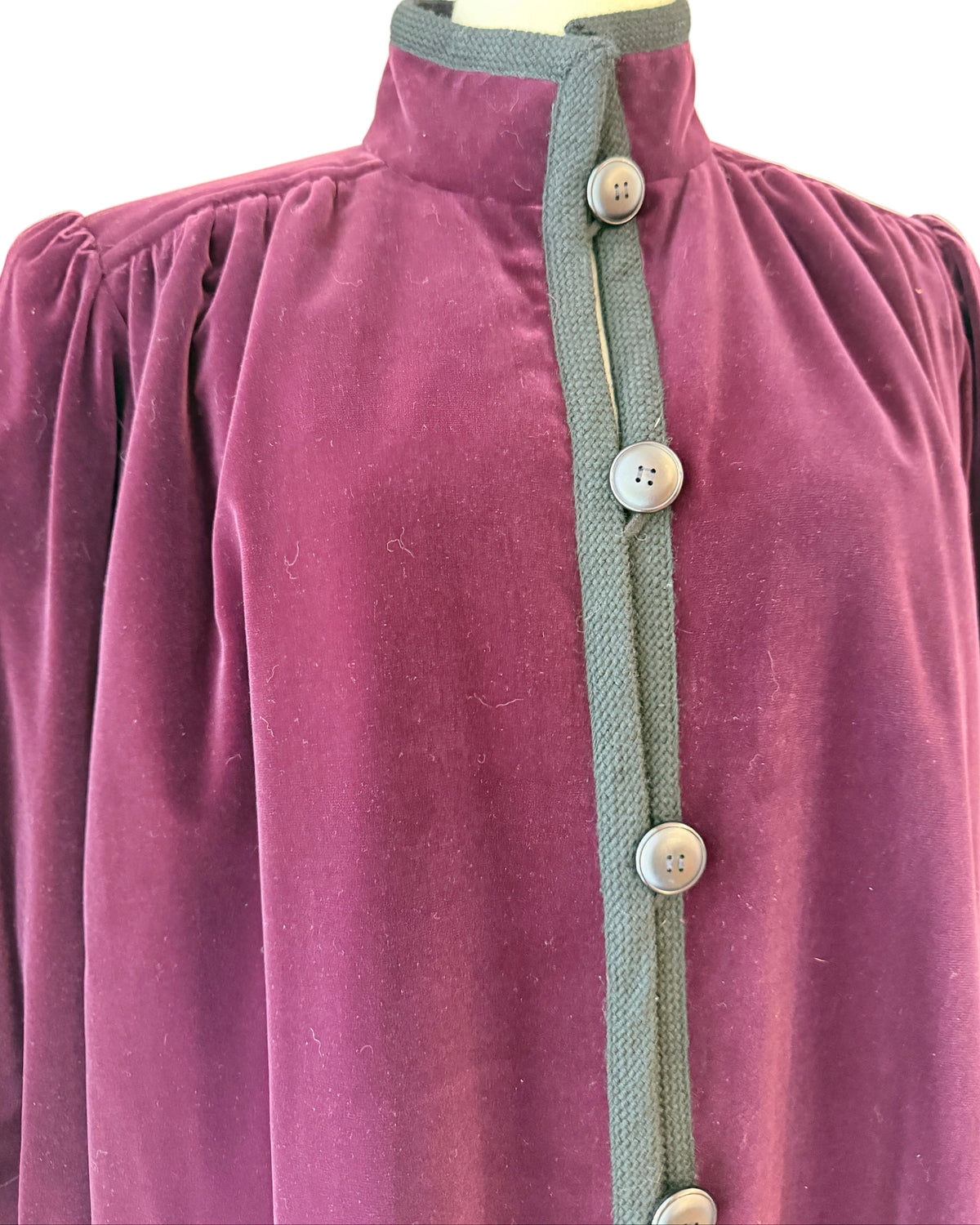 1970s Yves Saint Laurent Plum Velvet Full-Length Button-Front Coat with Pleated Shoulders