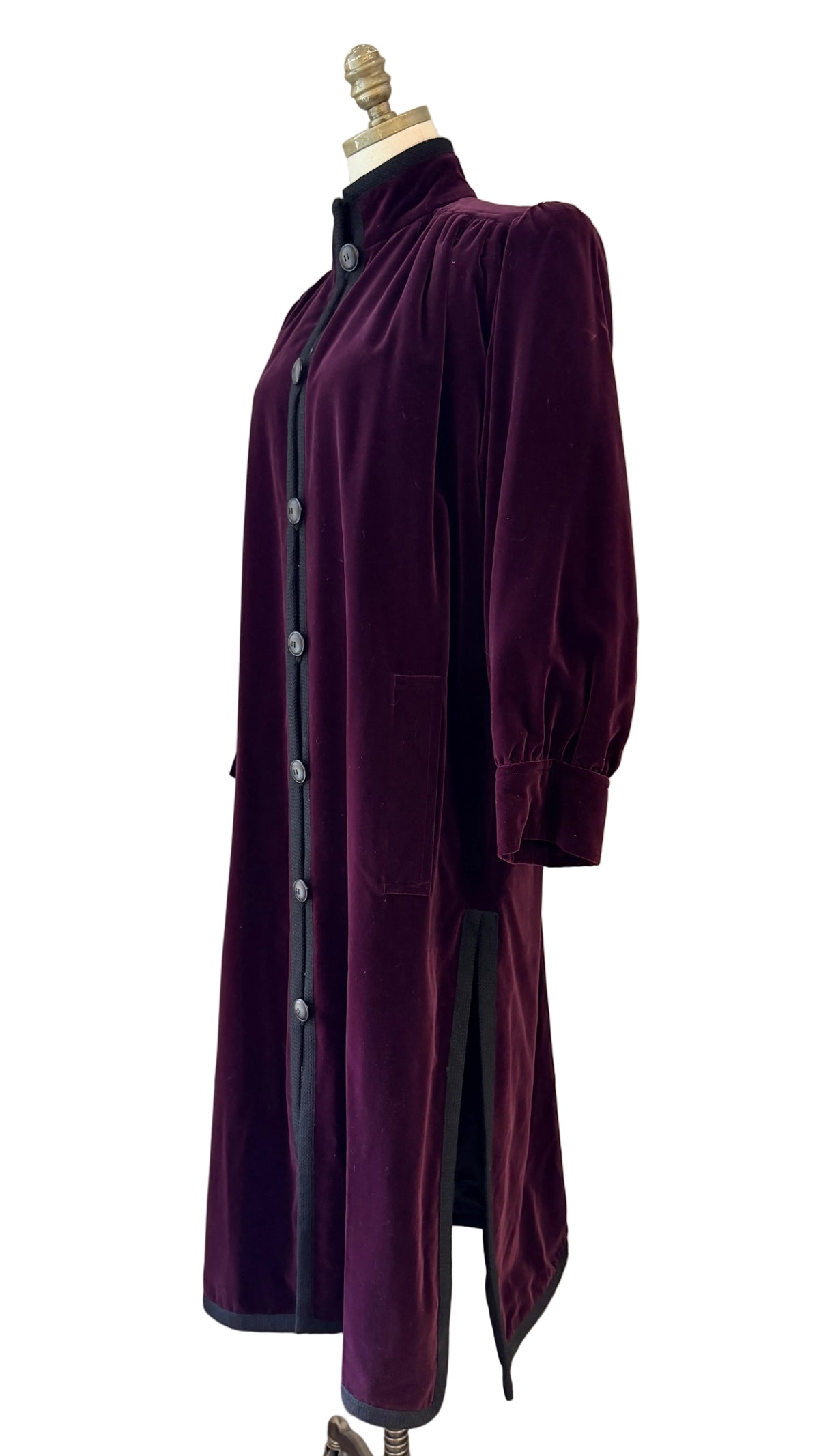 1970s Yves Saint Laurent Plum Velvet Full-Length Button-Front Coat with Pleated Shoulders