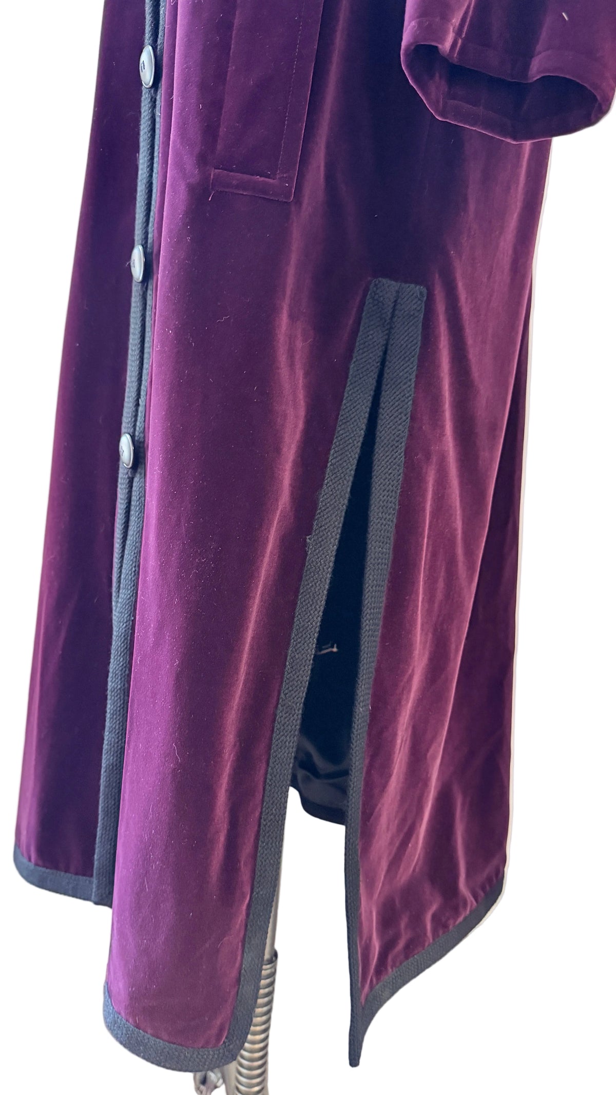1970s Yves Saint Laurent Plum Velvet Full-Length Button-Front Coat with Pleated Shoulders