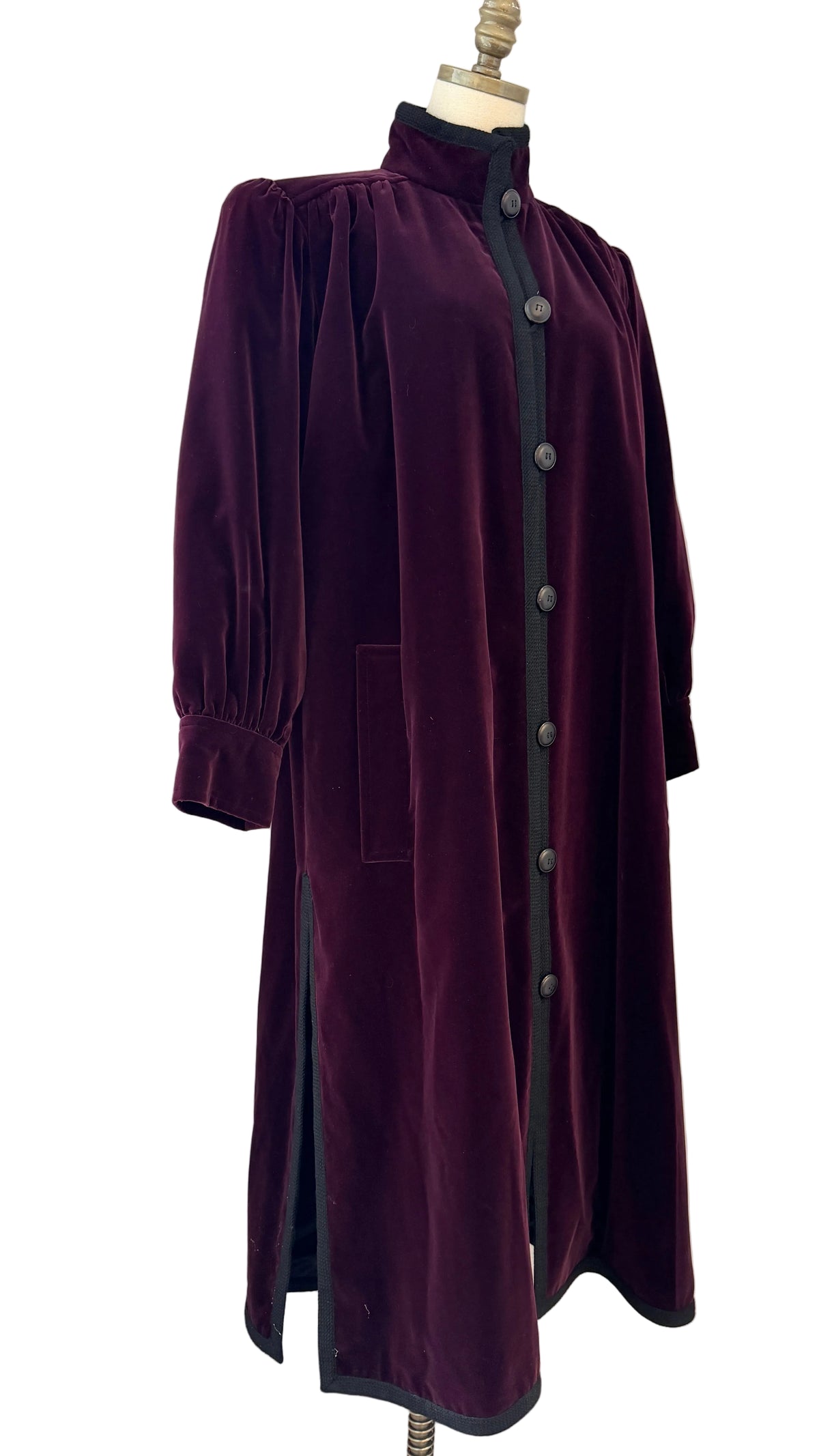 1970s Yves Saint Laurent Plum Velvet Full-Length Button-Front Coat with Pleated Shoulders