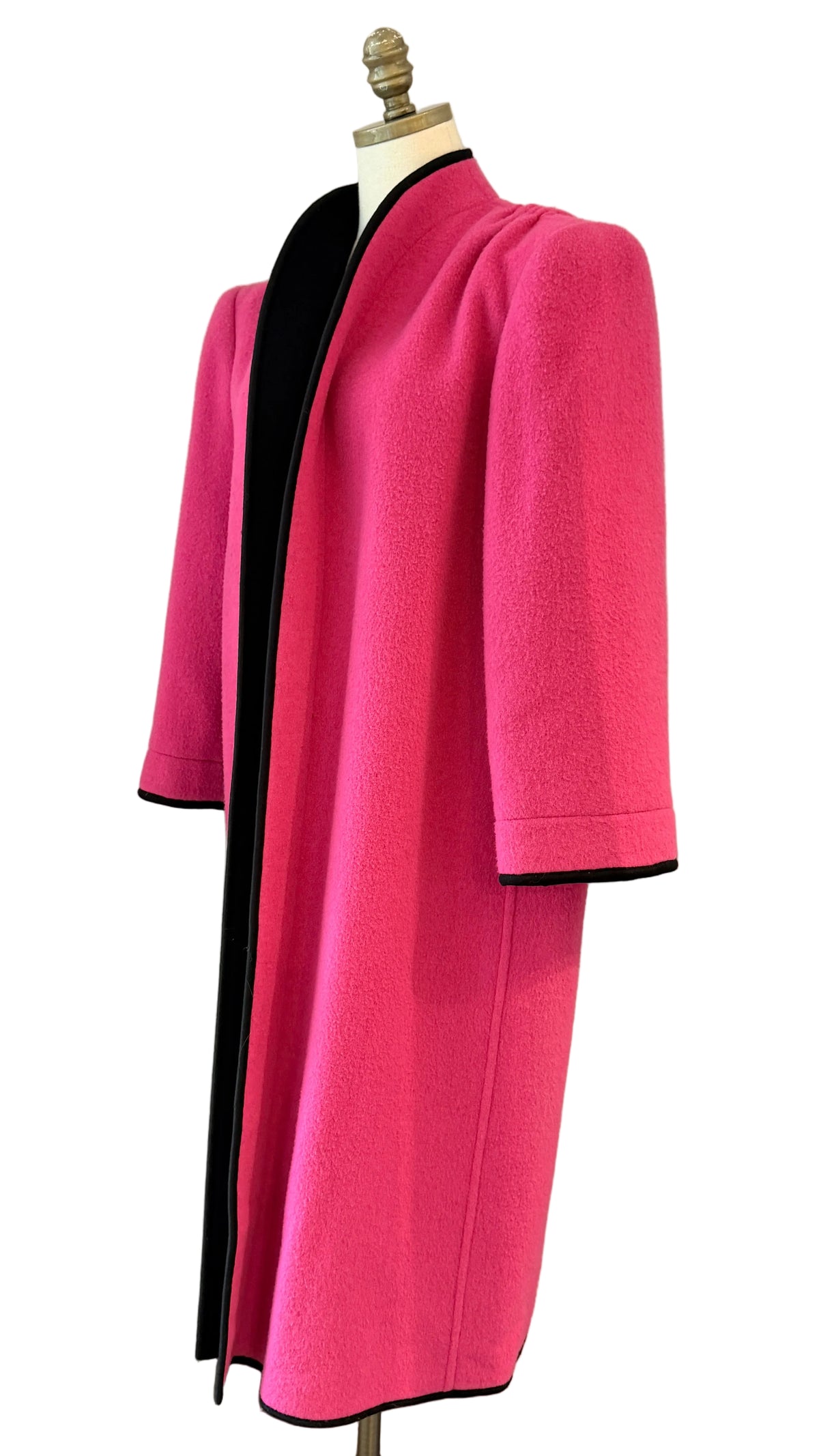 1980s Lanvin Paris Pink Felted Wool Full-Length Open Coat with Pleated Shoulders