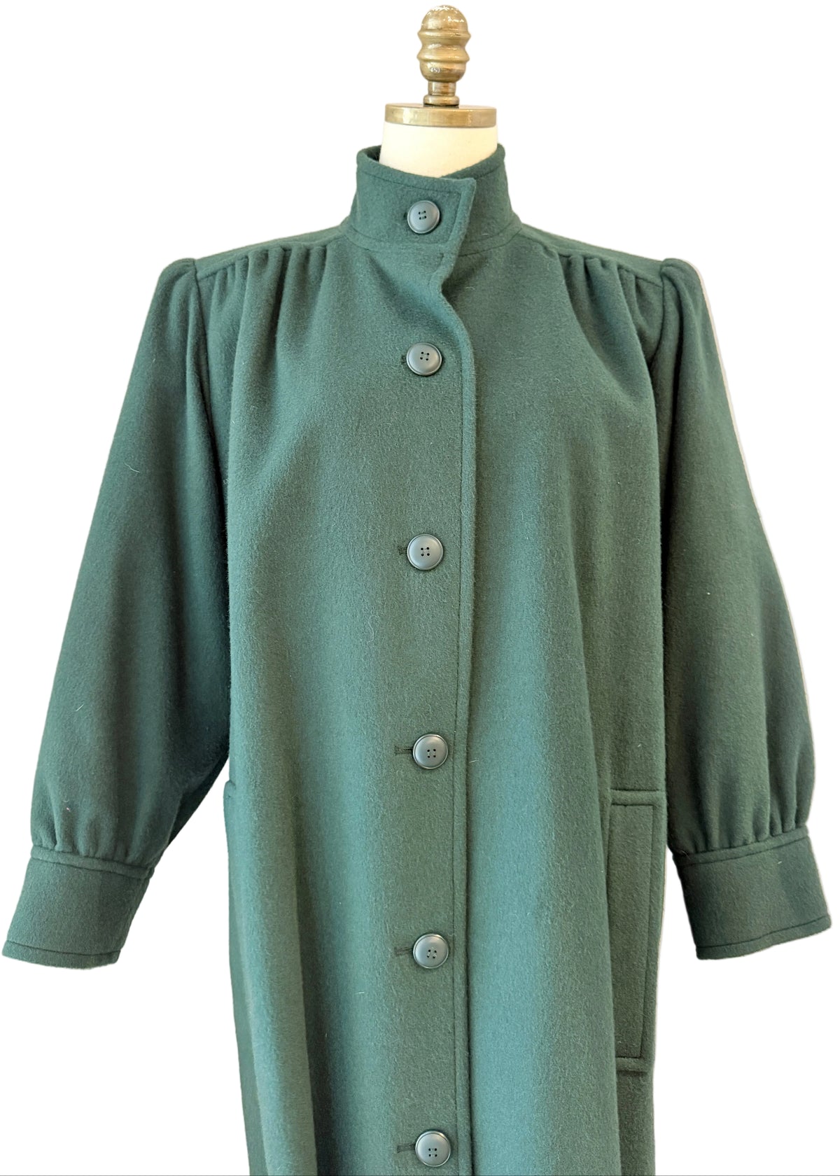 1970s Yves Saint Laurent Hunter Green Felted Wool Full-Length Coat with Pleated Shoulders, Back & Matching Belt