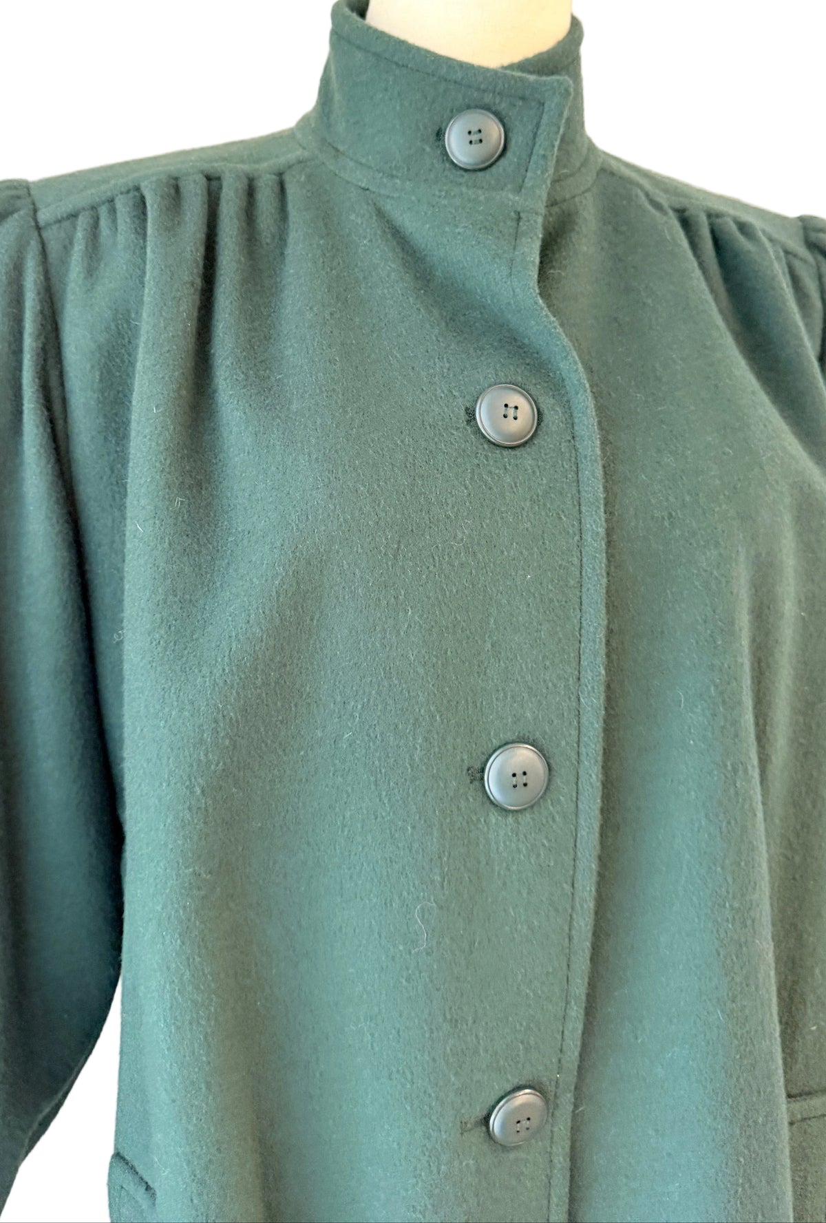 1970s Yves Saint Laurent Hunter Green Felted Wool Full-Length Coat with Pleated Shoulders, Back & Matching Belt