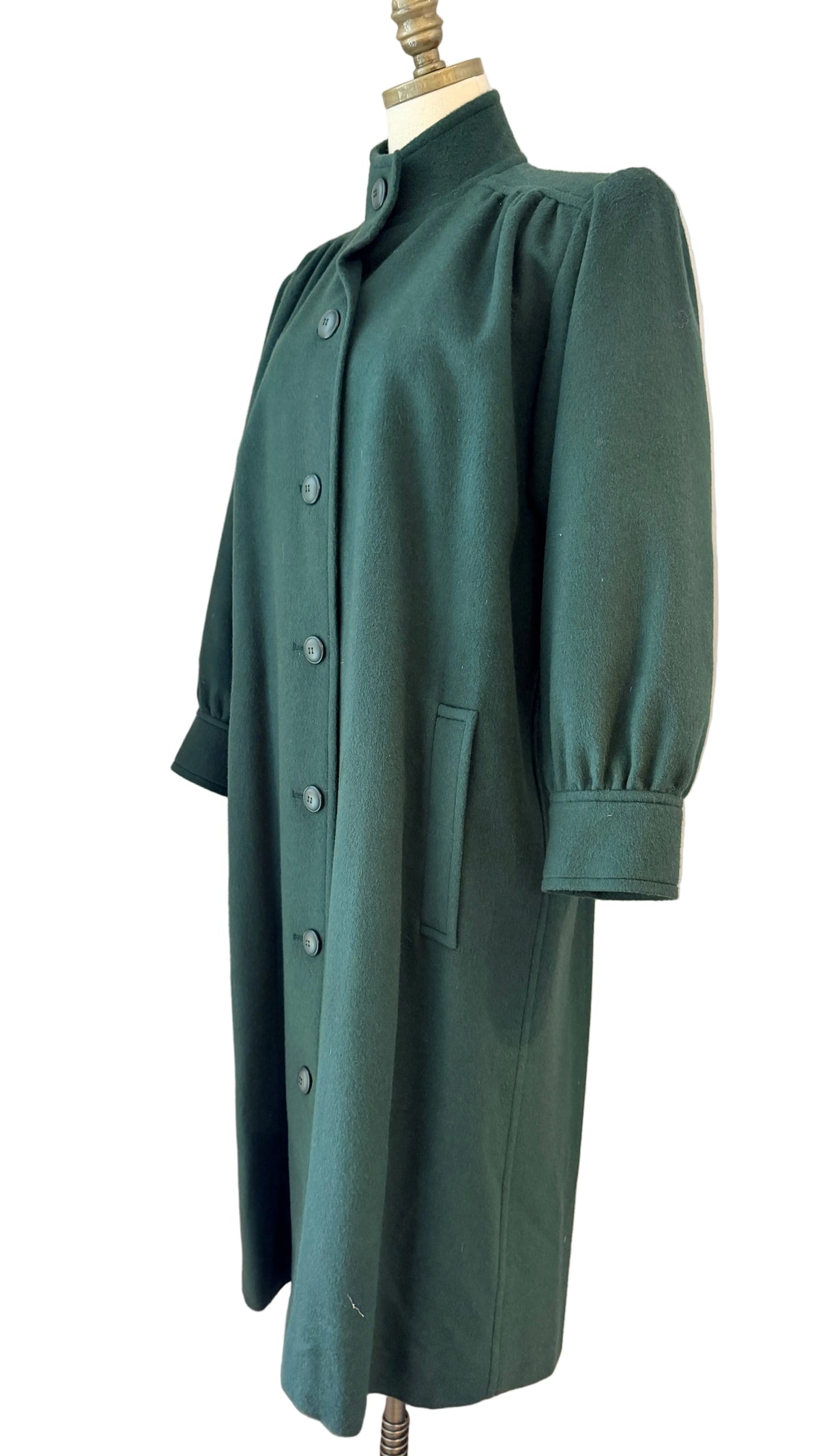 1970s Yves Saint Laurent Hunter Green Felted Wool Full-Length Coat with Pleated Shoulders, Back & Matching Belt