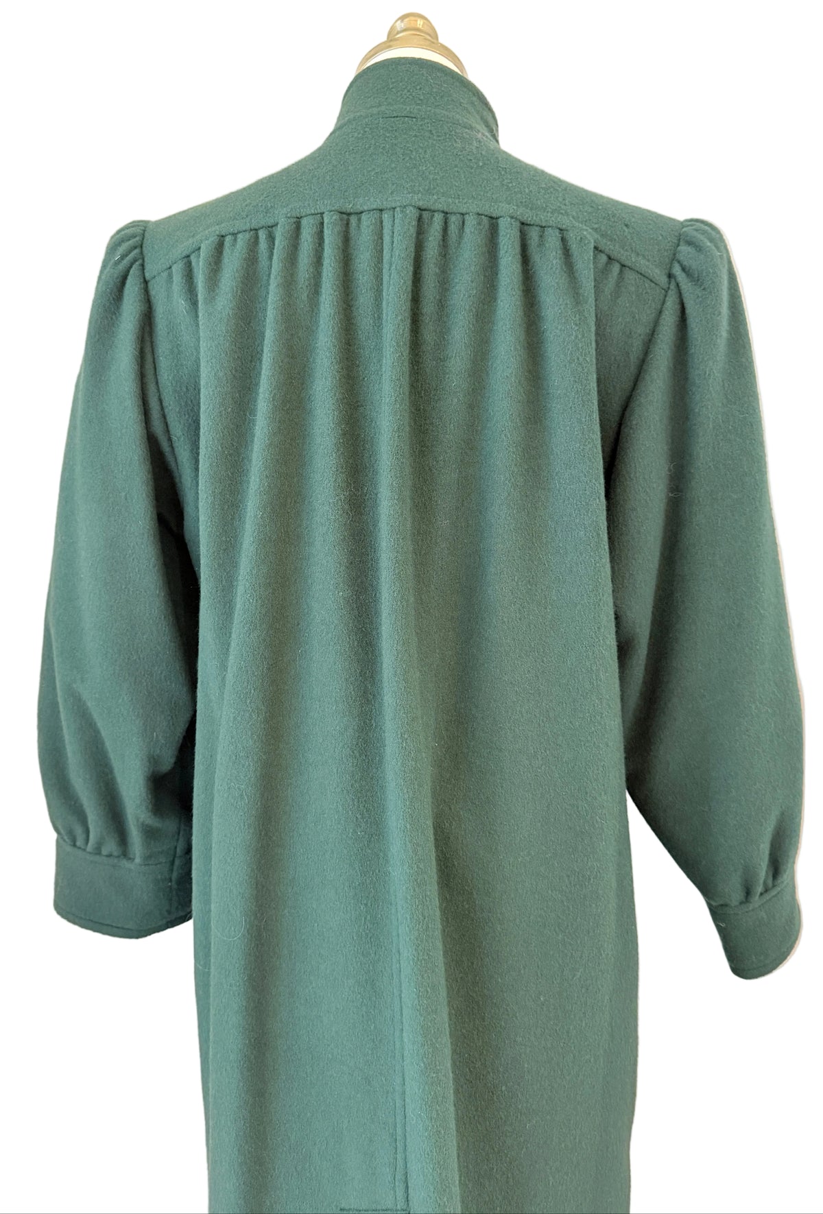 1970s Yves Saint Laurent Hunter Green Felted Wool Full-Length Coat with Pleated Shoulders, Back & Matching Belt