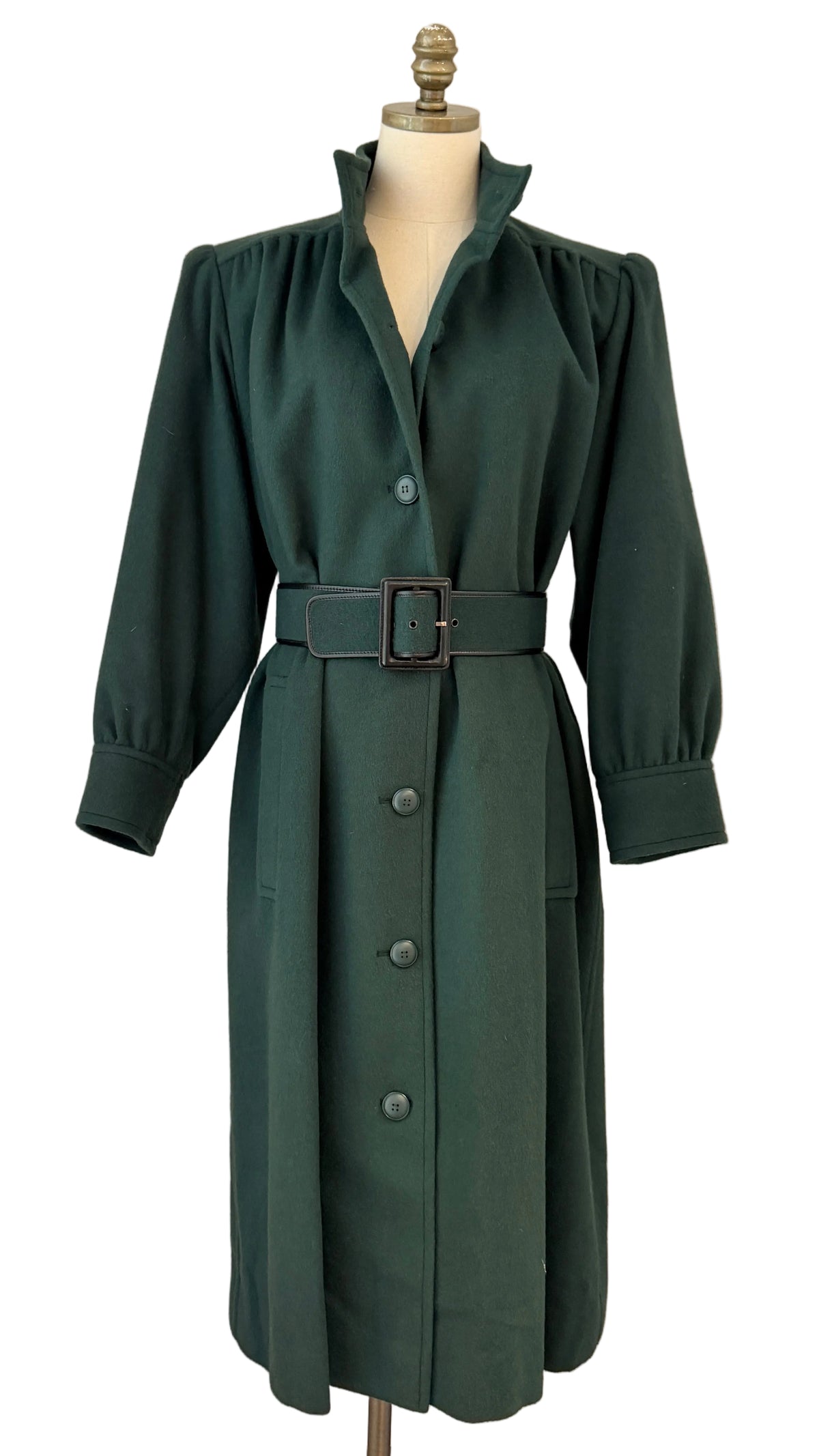1970s Yves Saint Laurent Hunter Green Felted Wool Full-Length Coat with Pleated Shoulders, Back & Matching Belt