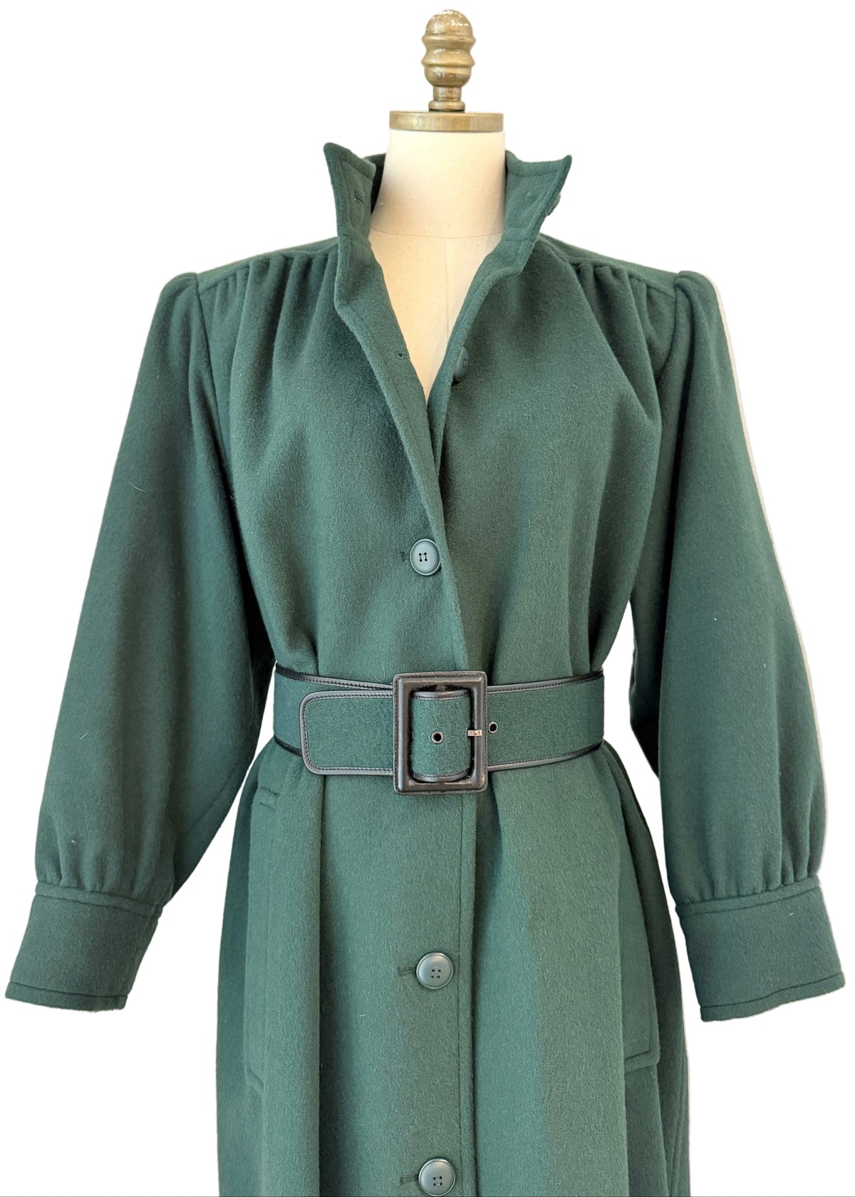 1970s Yves Saint Laurent Hunter Green Felted Wool Full-Length Coat with Pleated Shoulders, Back & Matching Belt