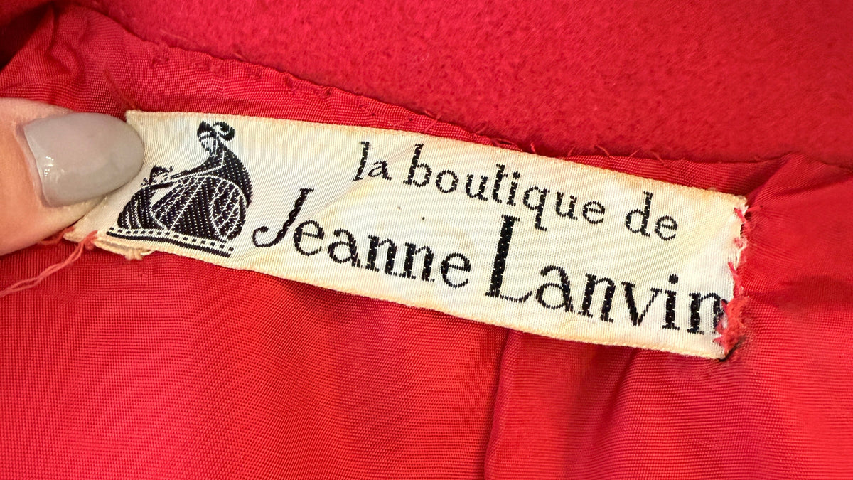 1960s La Boutique de Jeanne Lanvin Red Wool Double-Breasted 3/4-Length Coat with Black Satin Neck Bow