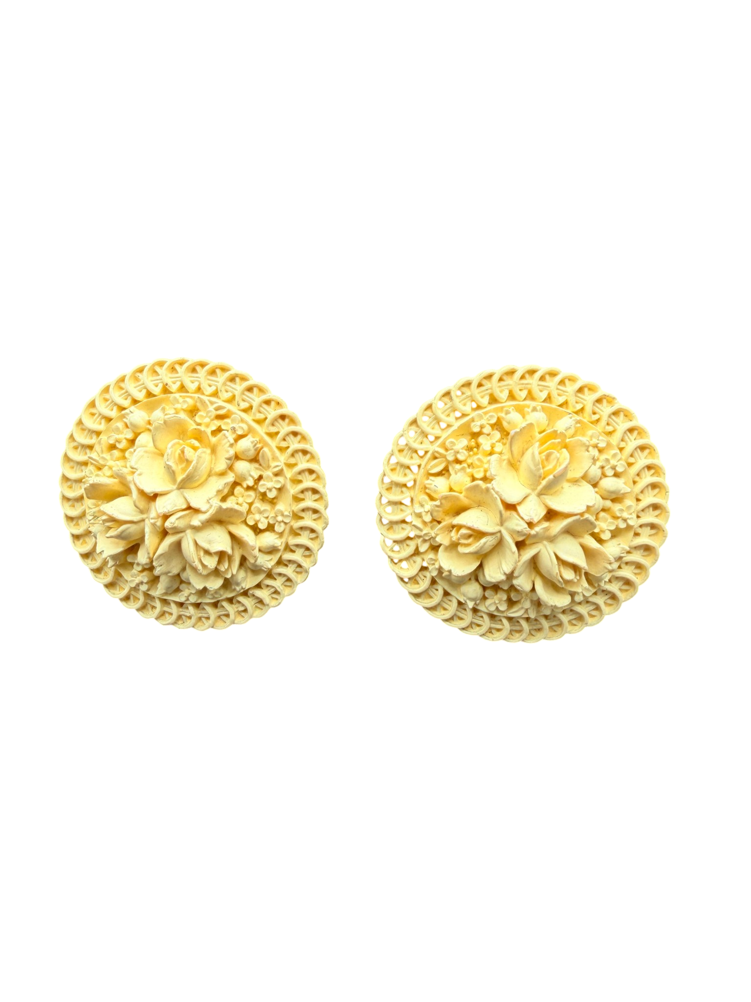1950s Yellow Carved Celluloid Floral Clip Disc Earrings