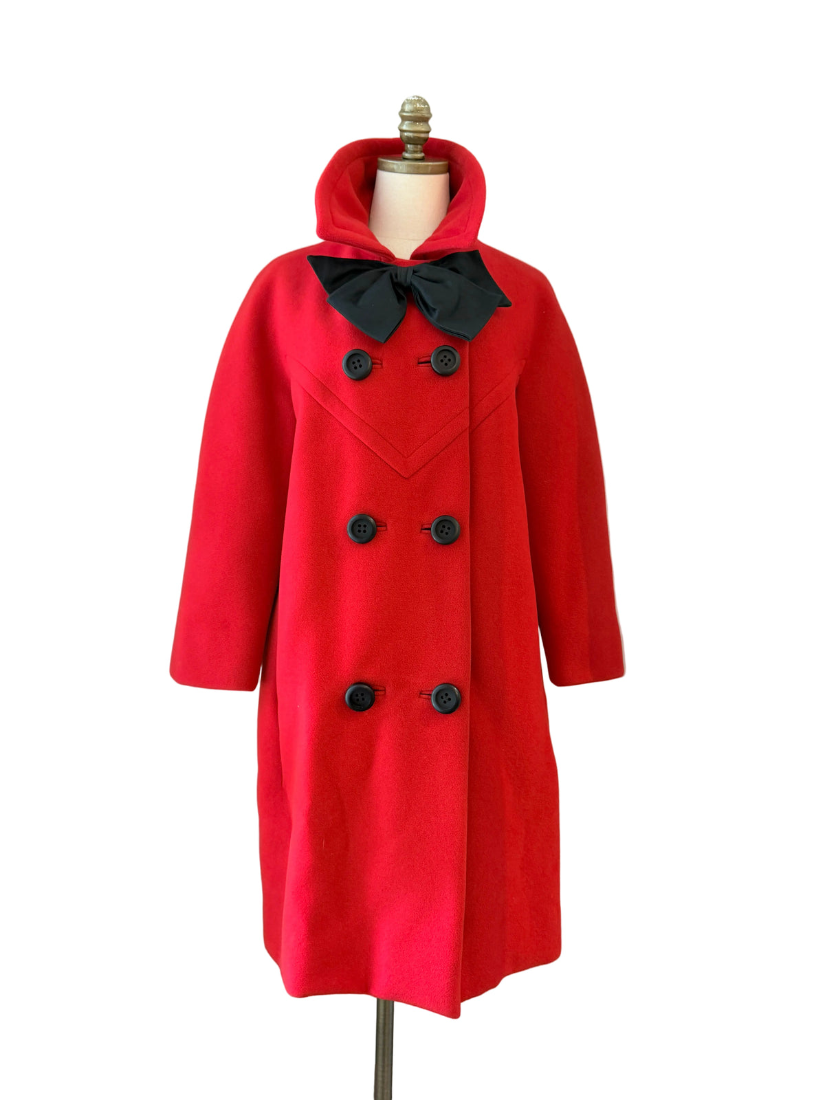 1960s La Boutique de Jeanne Lanvin Red Wool Double-Breasted 3/4-Length Coat with Black Satin Neck Bow