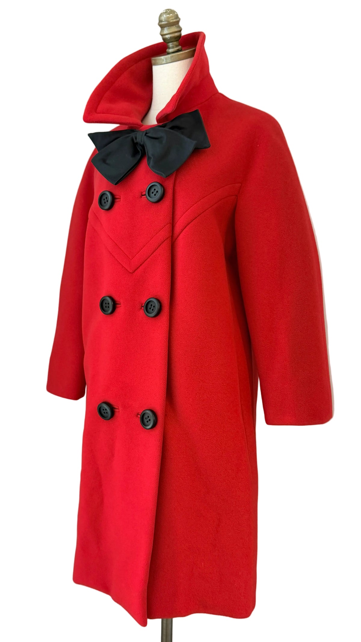 1960s La Boutique de Jeanne Lanvin Red Wool Double-Breasted 3/4-Length Coat with Black Satin Neck Bow