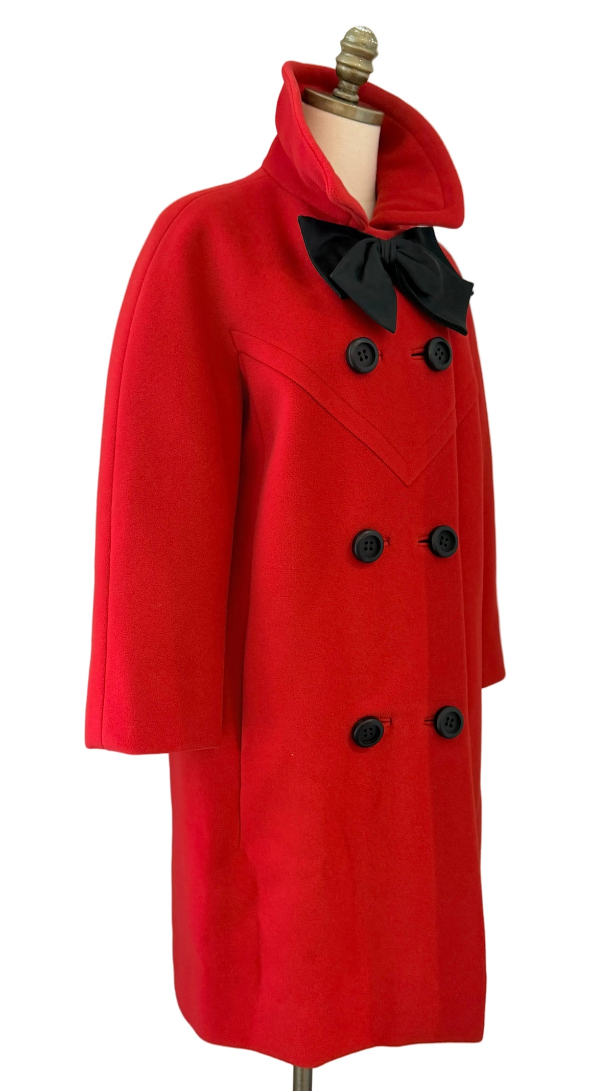 1960s La Boutique de Jeanne Lanvin Red Wool Double-Breasted 3/4-Length Coat with Black Satin Neck Bow