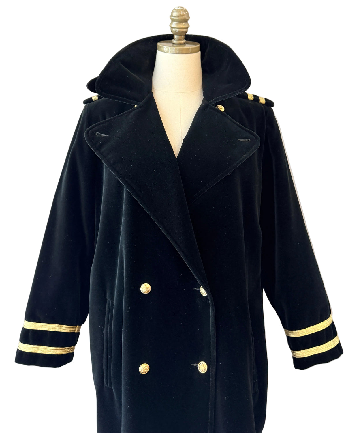 1980s Carol Cohen Drizzle Black Velvet Full-Length Trench Coat with Gold Lamé Ribbon & Double-Breasted Gold Buttons