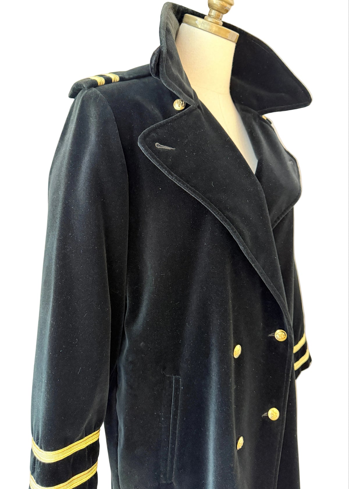 1980s Carol Cohen Drizzle Black Velvet Full-Length Trench Coat with Gold Lamé Ribbon & Double-Breasted Gold Buttons