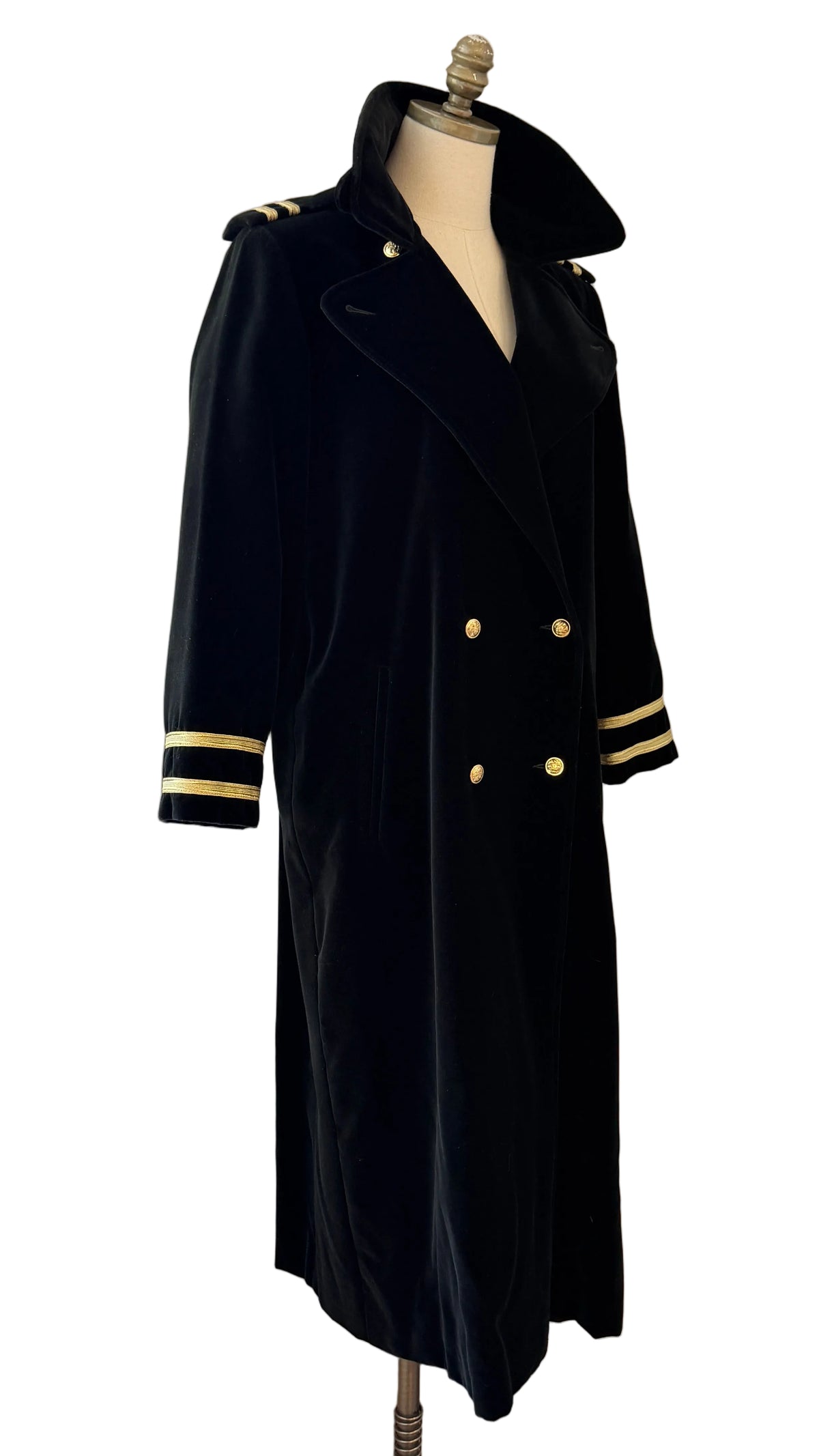 1980s Carol Cohen Drizzle Black Velvet Full-Length Trench Coat with Gold Lamé Ribbon & Double-Breasted Gold Buttons