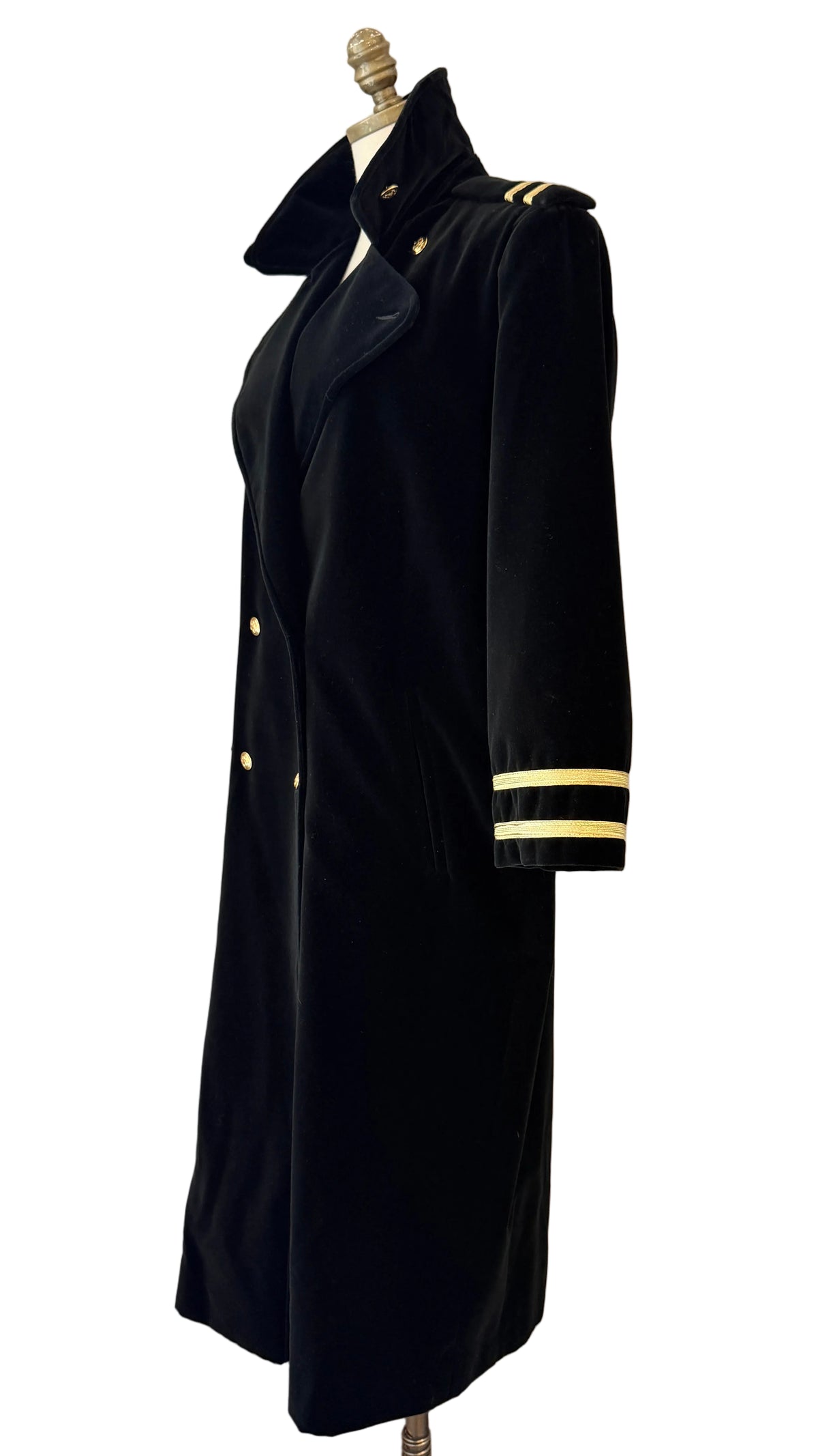 1980s Carol Cohen Drizzle Black Velvet Full-Length Trench Coat with Gold Lamé Ribbon & Double-Breasted Gold Buttons