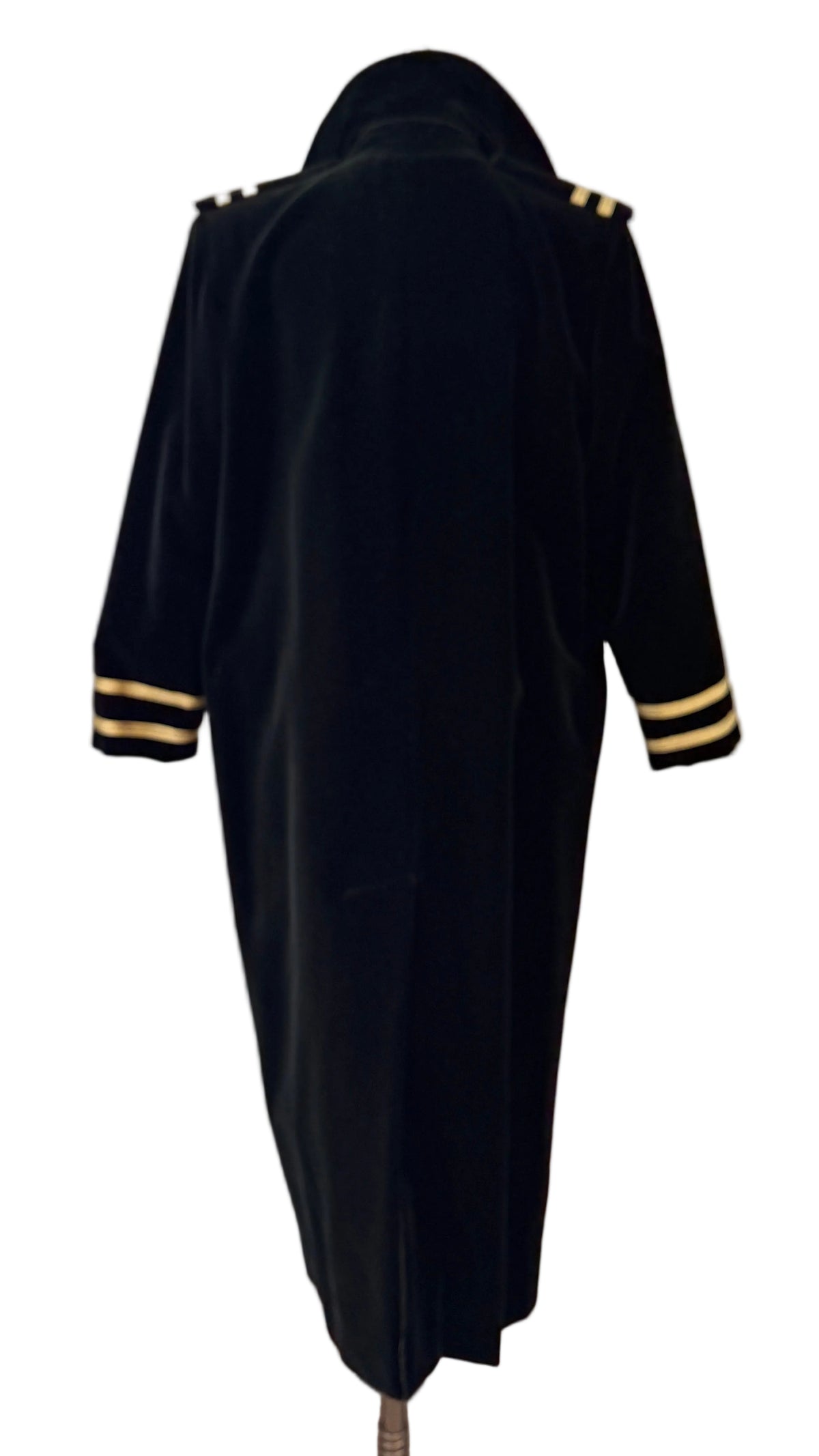 1980s Carol Cohen Drizzle Black Velvet Full-Length Trench Coat with Gold Lamé Ribbon & Double-Breasted Gold Buttons
