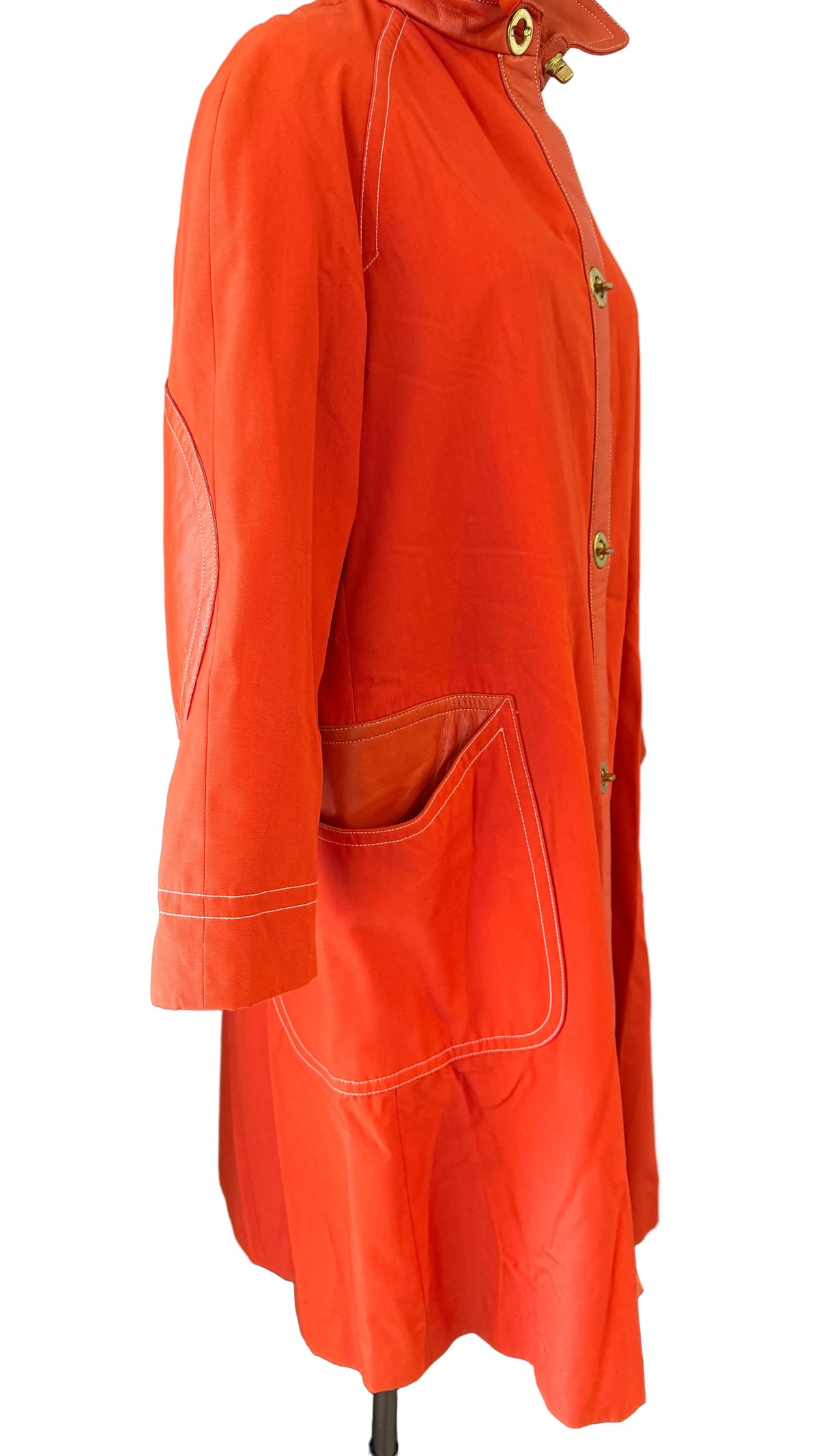 1960s Bonnie Cashin for Sills / Saks Orange Canvas & Leather Toggle-Front Swing Coat
