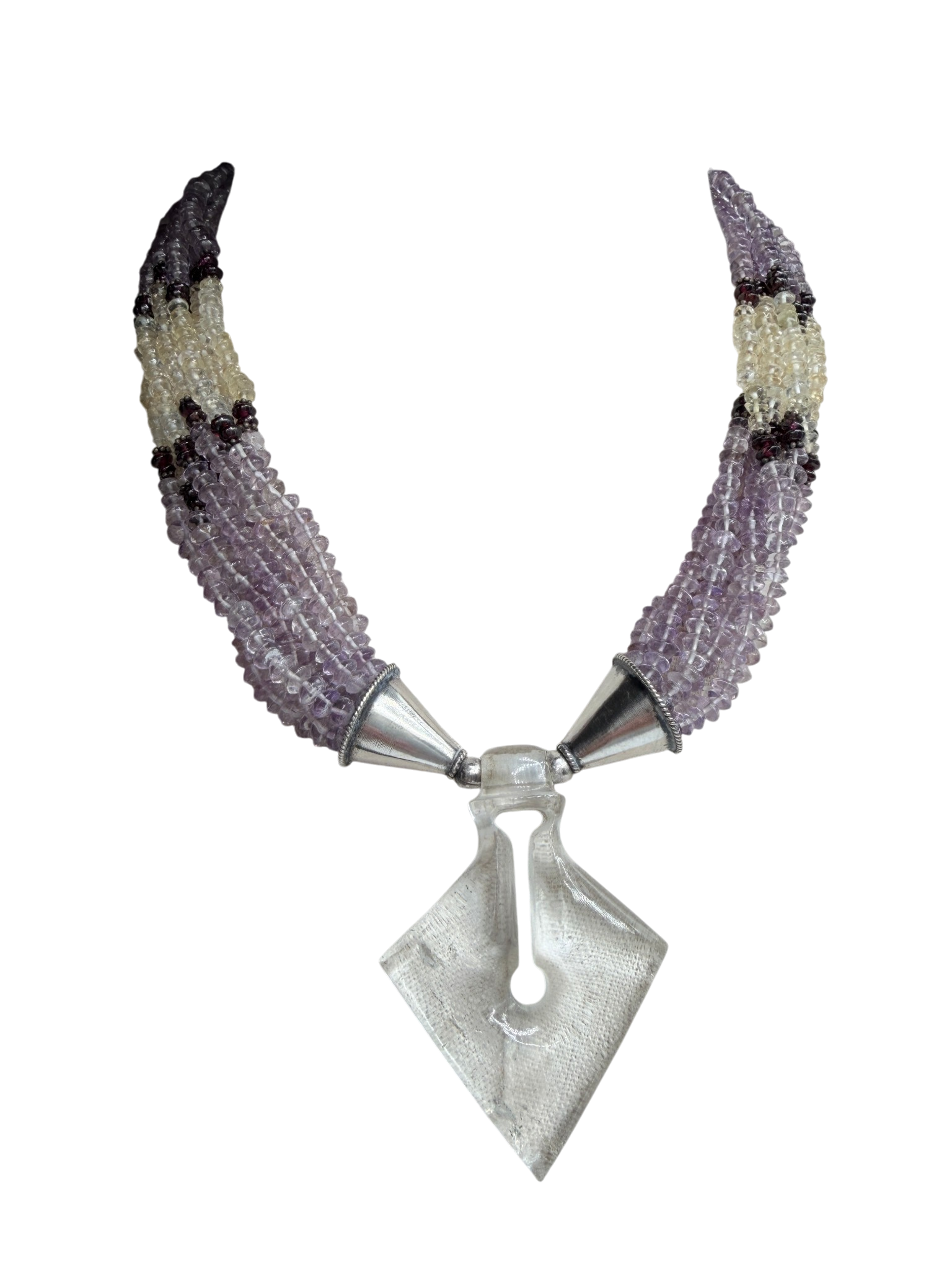 1970s Navajo Multi-Stone 8-Strand Necklace with Carved Quartz Pendant