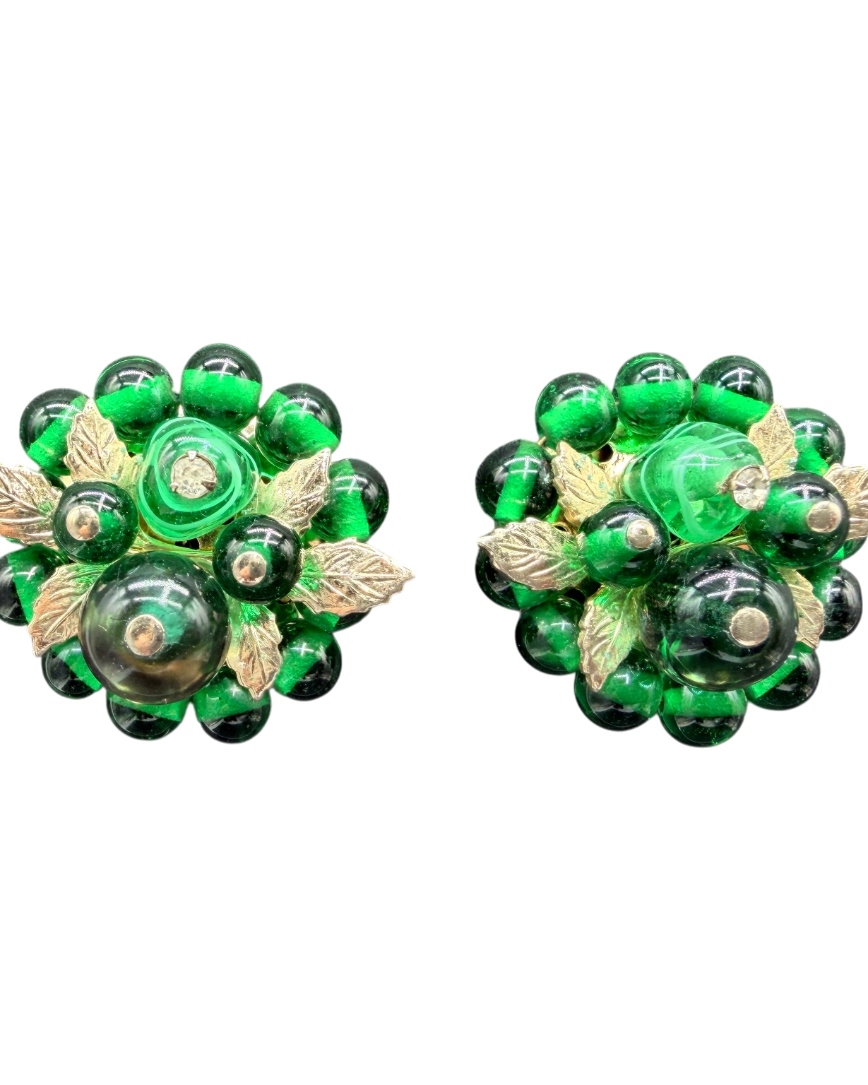1950s Czech Glass Green Bead Cluster Clip Earrings with Silver Leaves