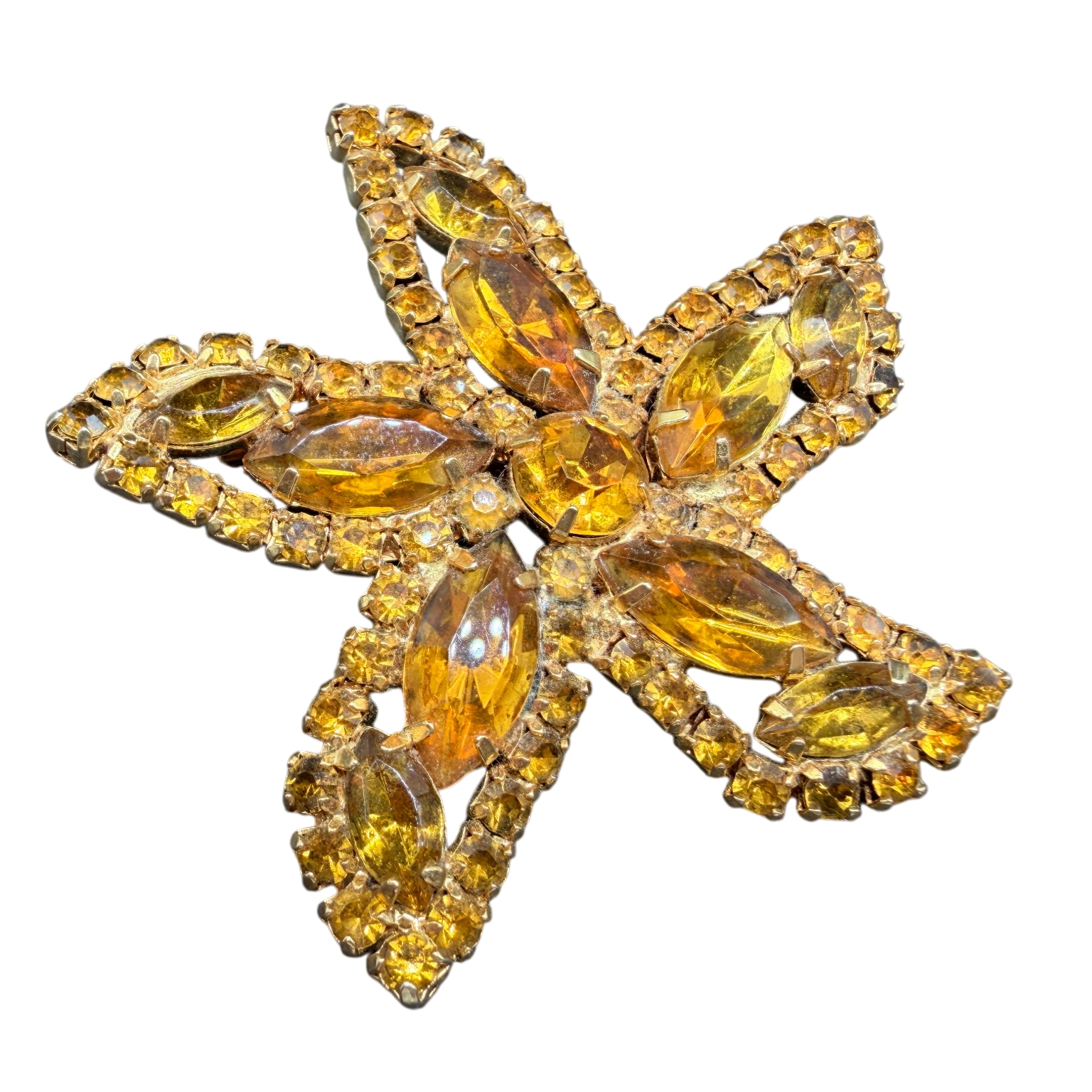 1950s Weiss Gold-Tone Starfish Brooch with Yellow Austrian Crystals