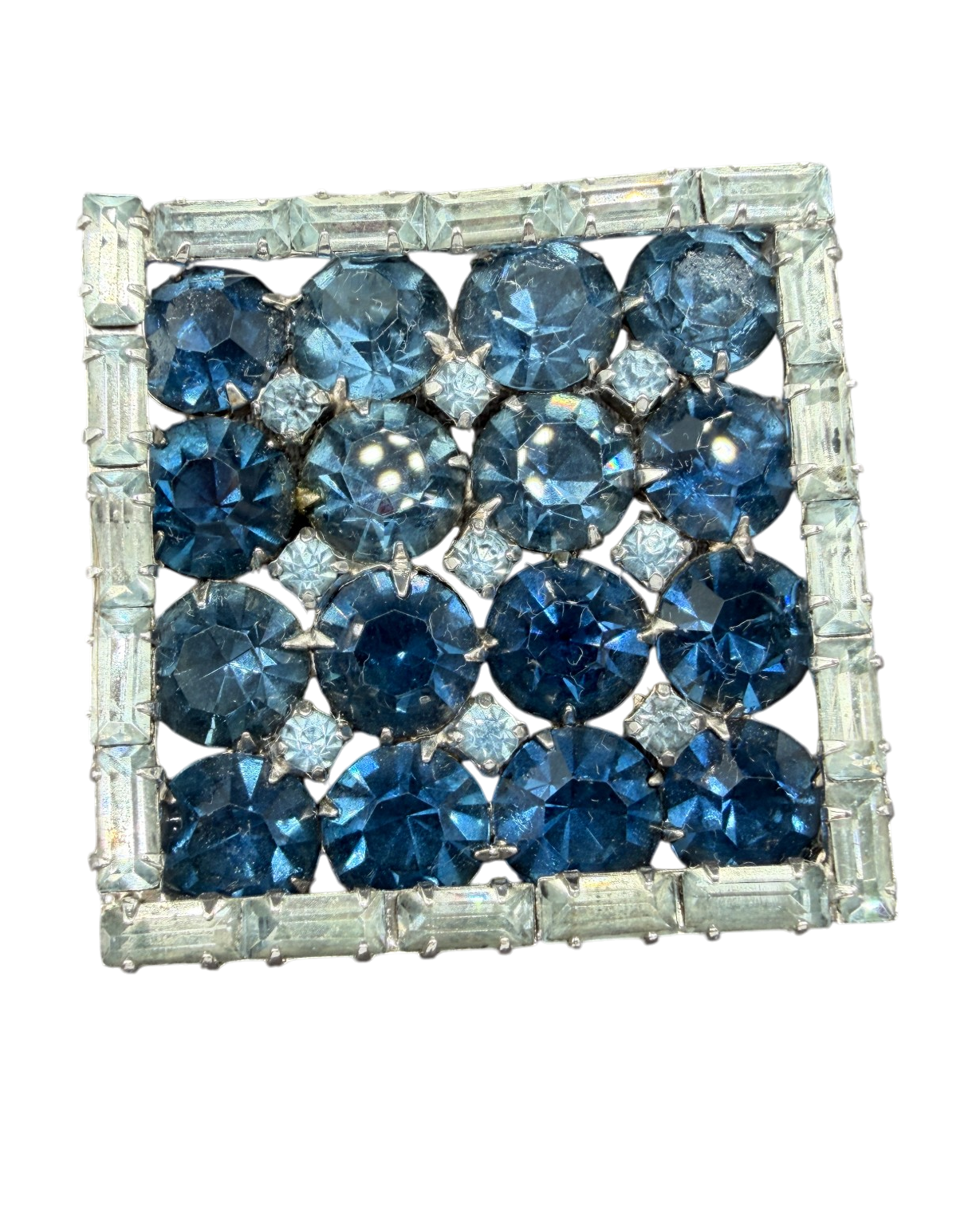 1950s Silver-Tone Square Brooch with Blue Rhinestones
