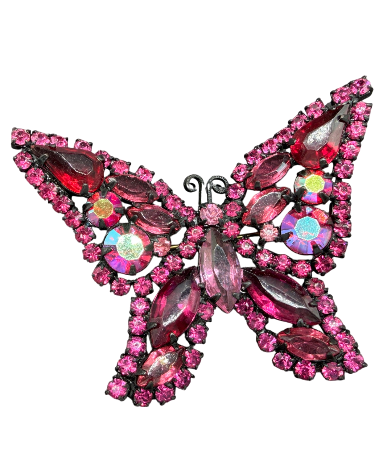 1950s Weiss Black Enamel Butterfly Brooch with Pink Austrian Crystals