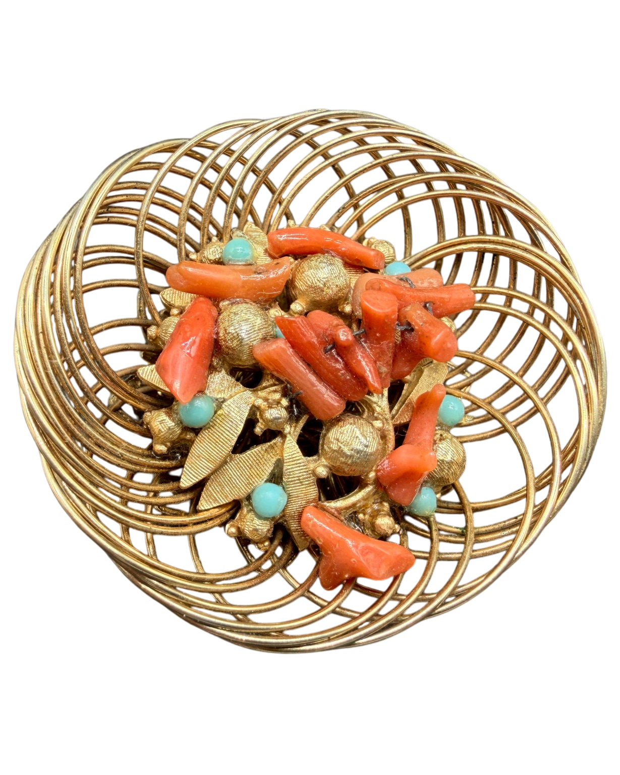 1950s Florenza Gold-Tone Bird’s Nest Brooch with Coral and Pearl Cluster