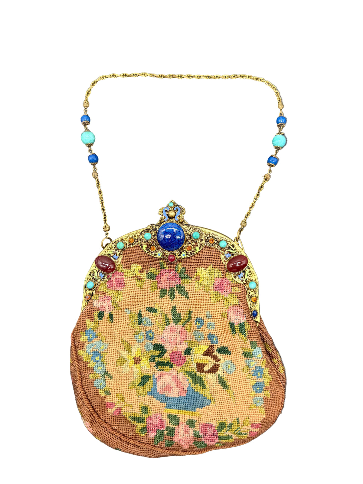 Antique French Petit Point Floral Needlepoint Evening Purse with Jeweled Gold-Tone Frame