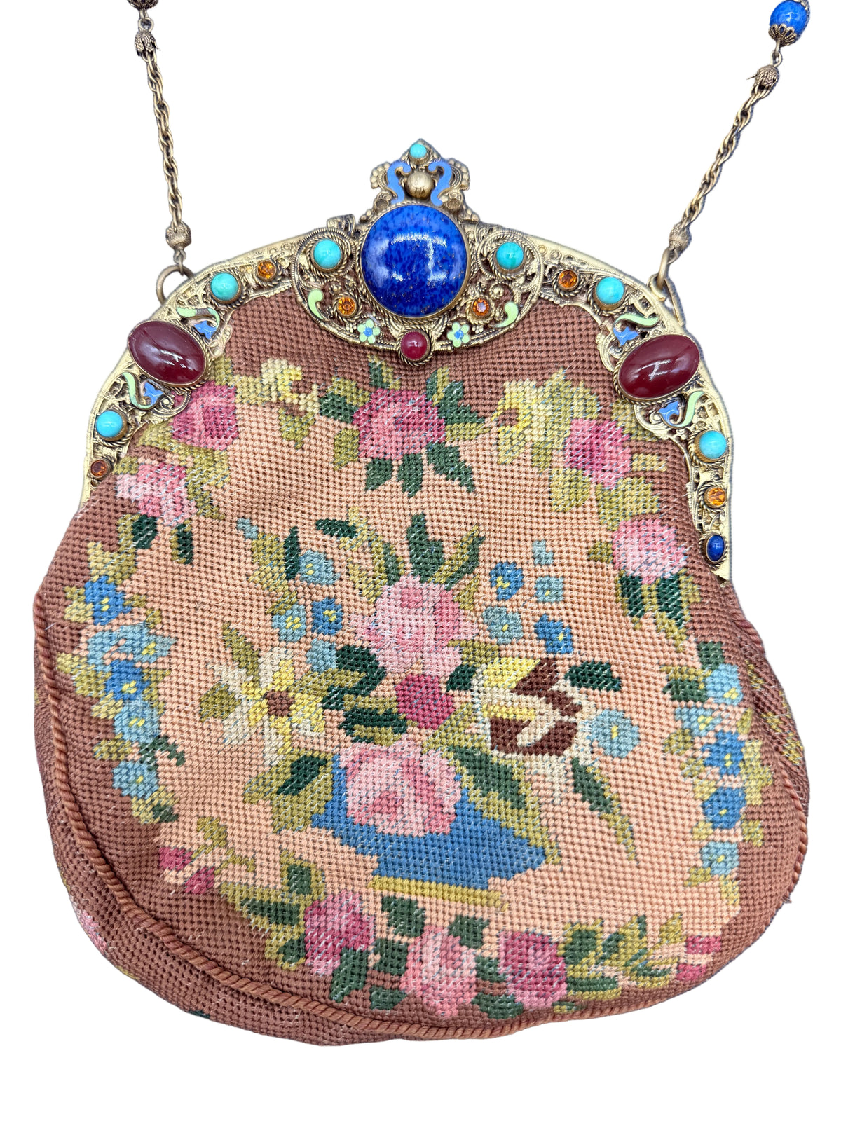 Antique French Petit Point Floral Needlepoint Evening Purse with Jeweled Gold-Tone Frame