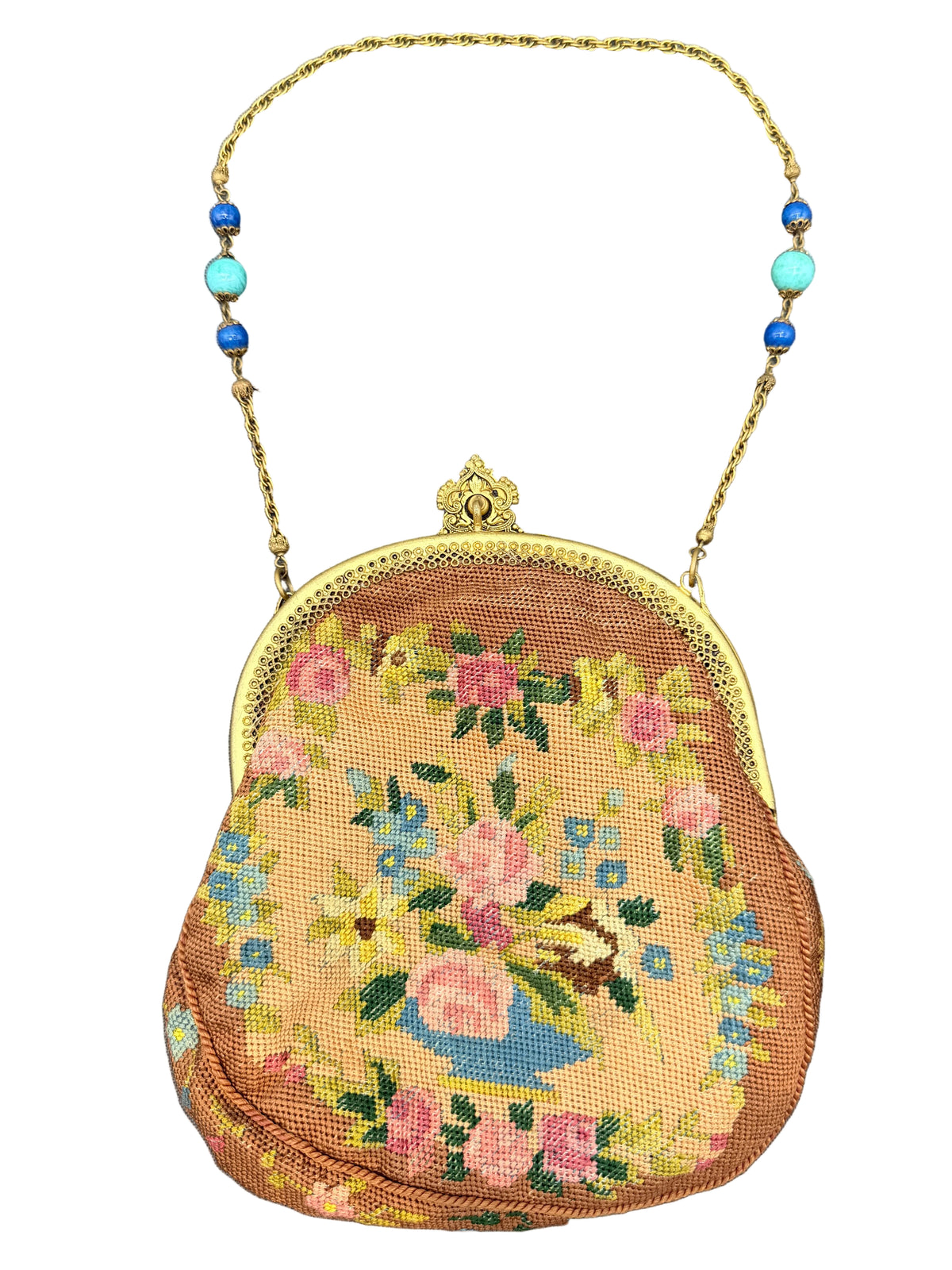 Antique French Petit Point Floral Needlepoint Evening Purse with Jeweled Gold-Tone Frame
