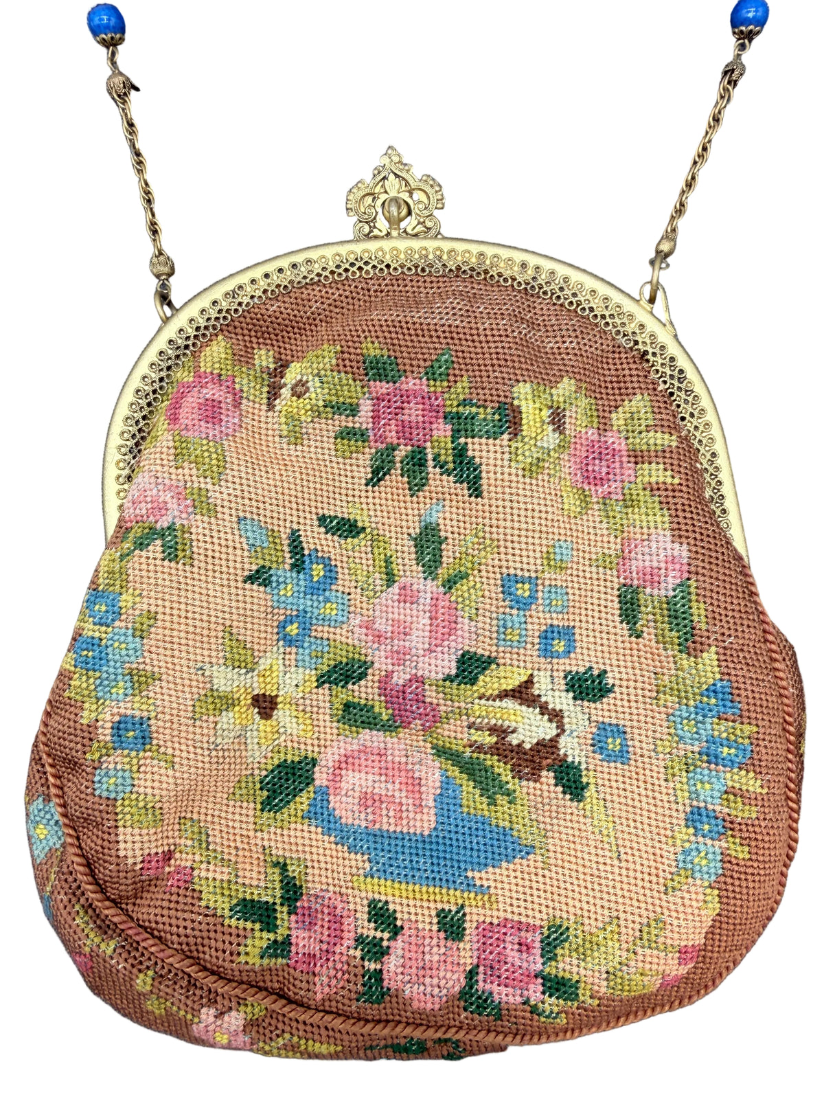 Antique French Petit Point Floral Needlepoint Evening Purse with Jeweled Gold-Tone Frame