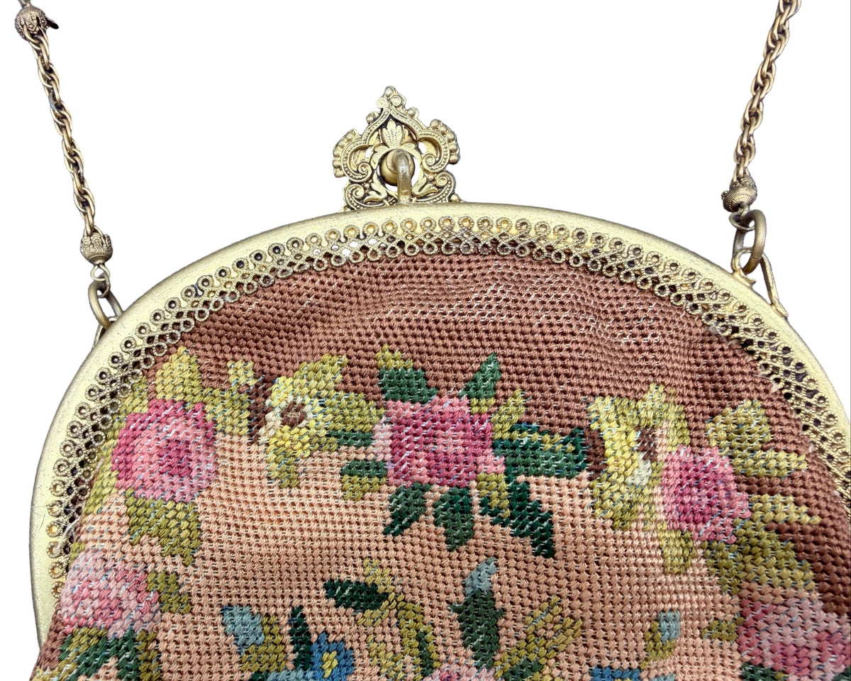 Antique French Petit Point Floral Needlepoint Evening Purse with Jeweled Gold-Tone Frame