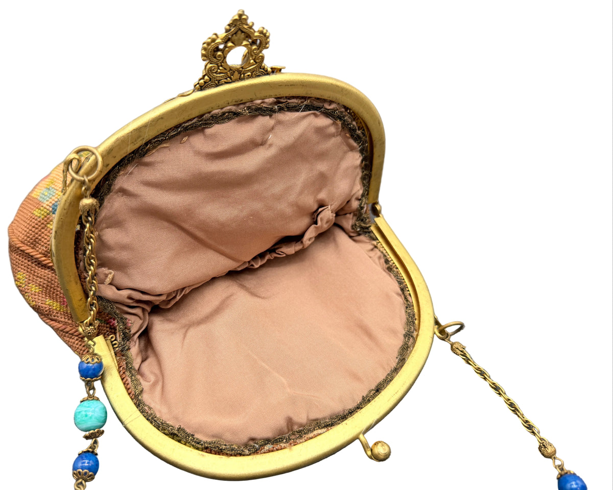Antique French Petit Point Floral Needlepoint Evening Purse with Jeweled Gold-Tone Frame