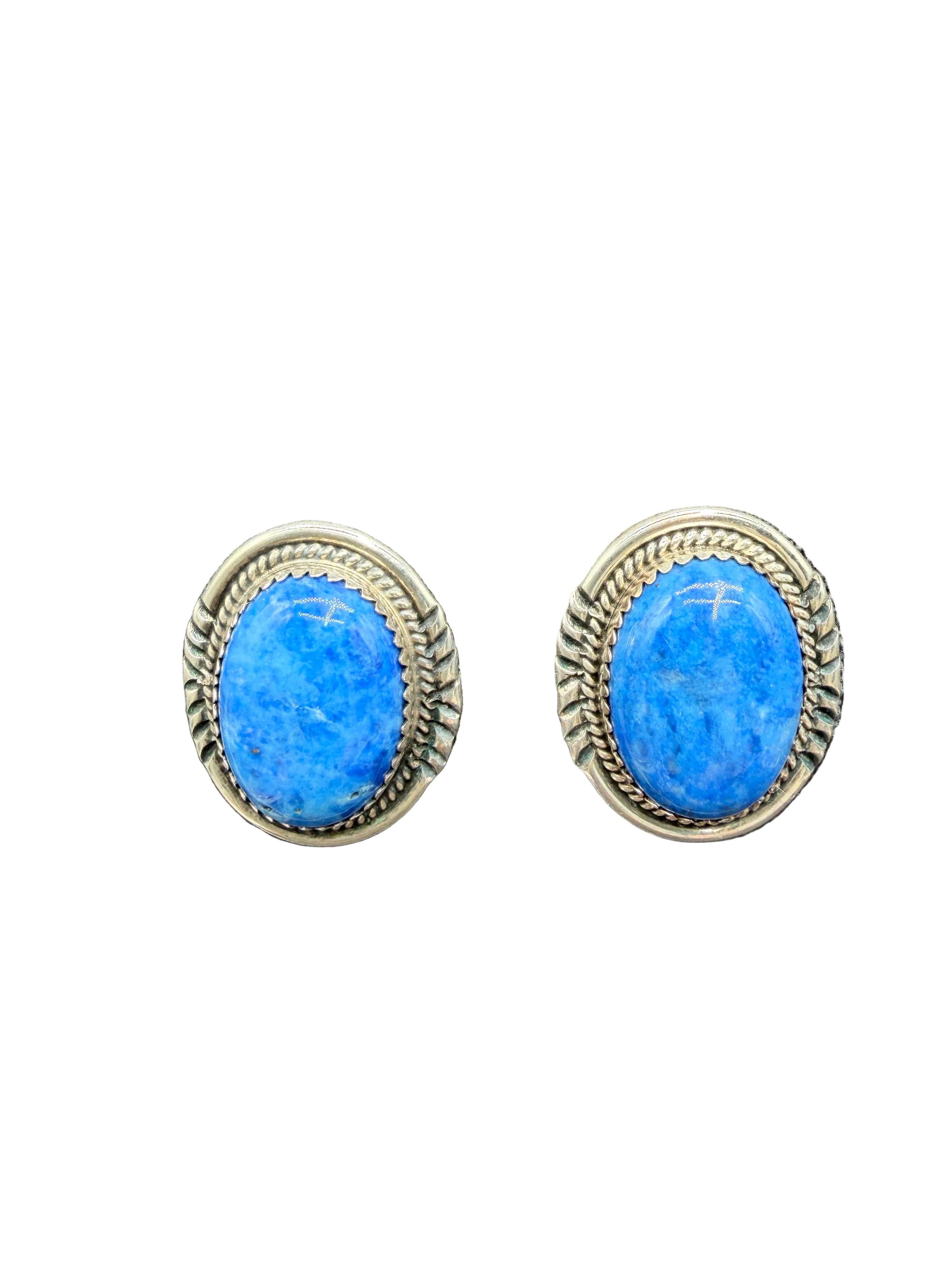 1960s AB Navajo Sterling Silver Concho Clip Earrings with Lapis