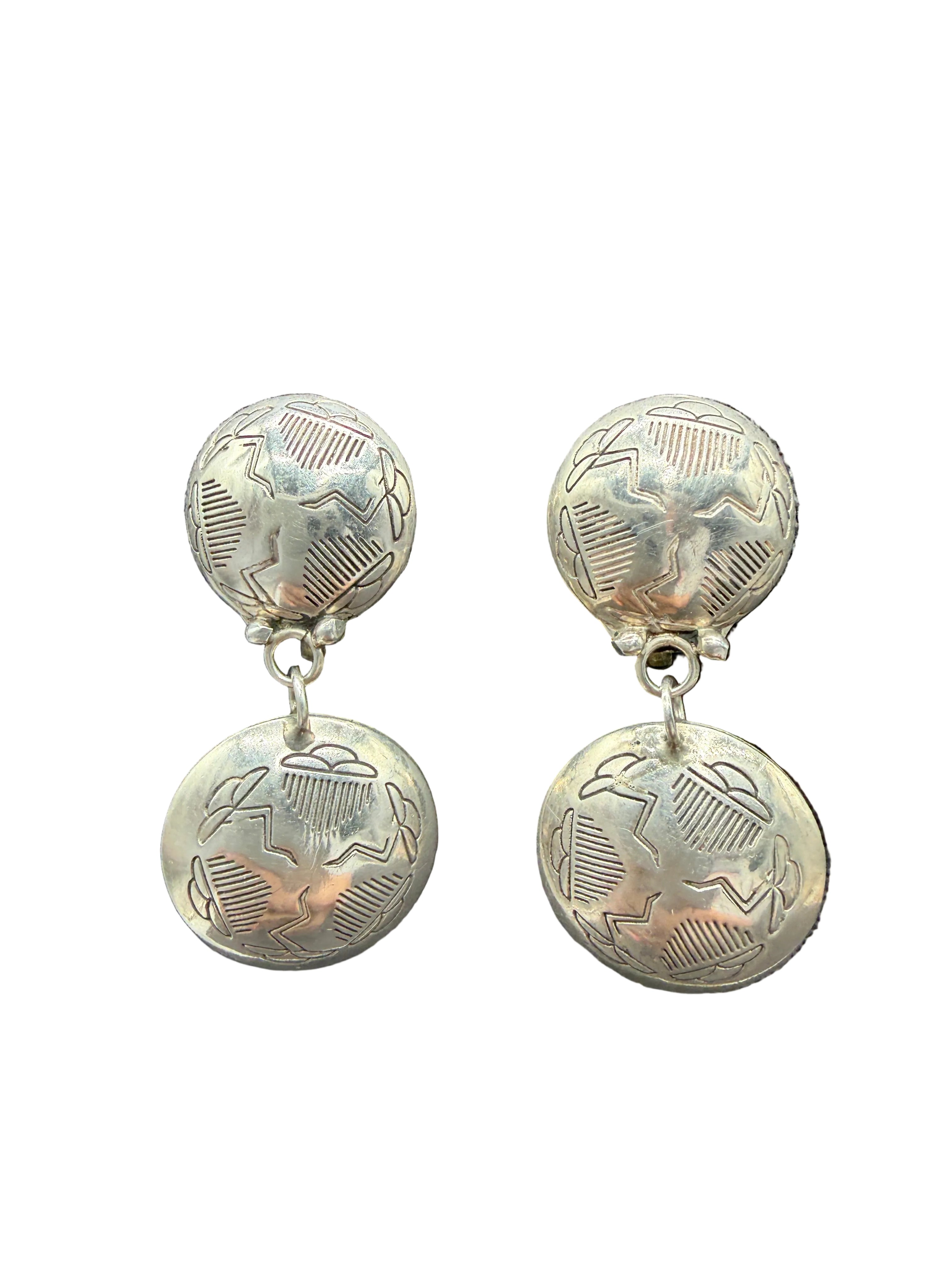 Signed Navajo Sterling Silver Double Concho Puffy Clip Earrings