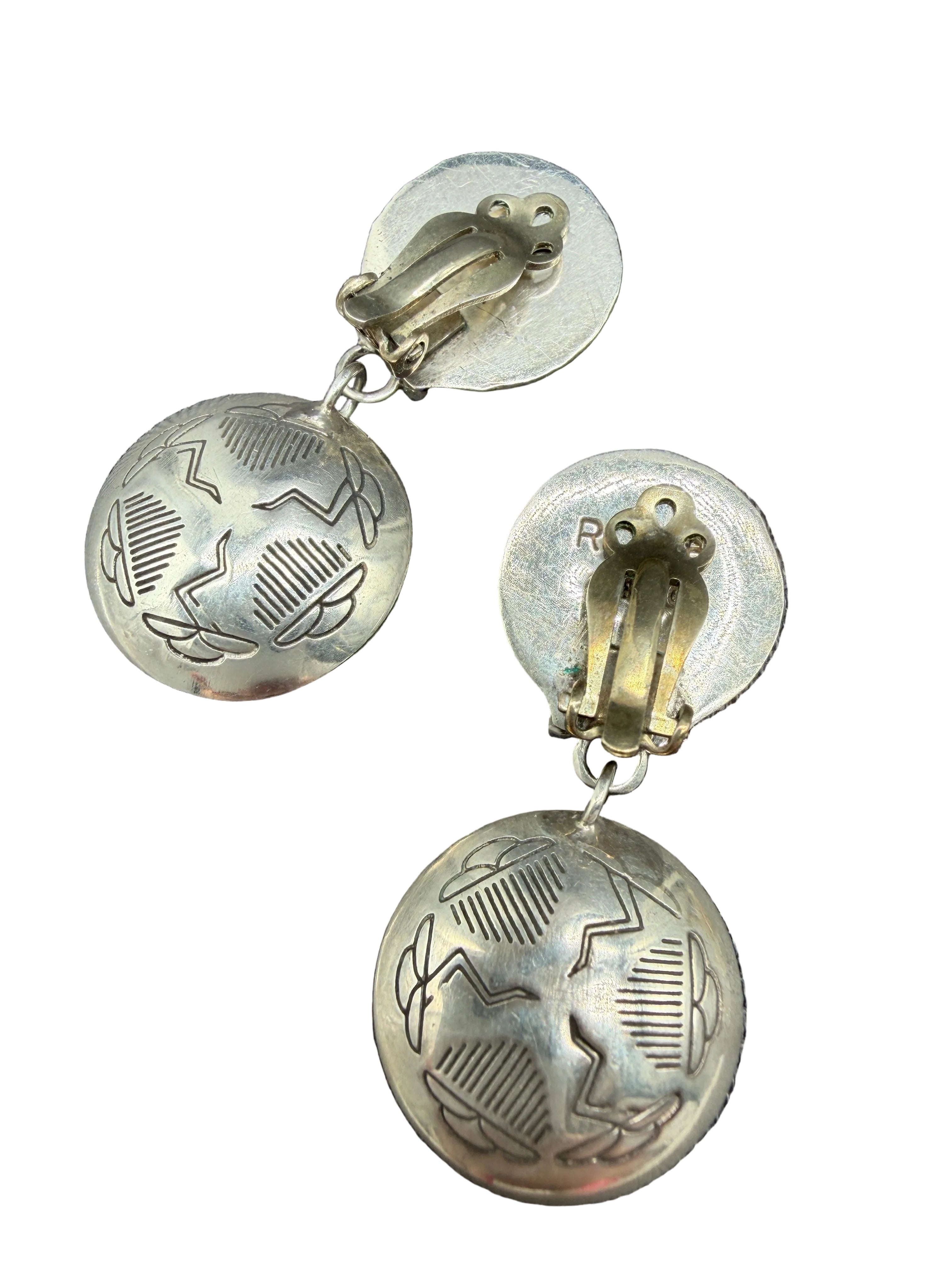 Signed Navajo Sterling Silver Double Concho Puffy Clip Earrings