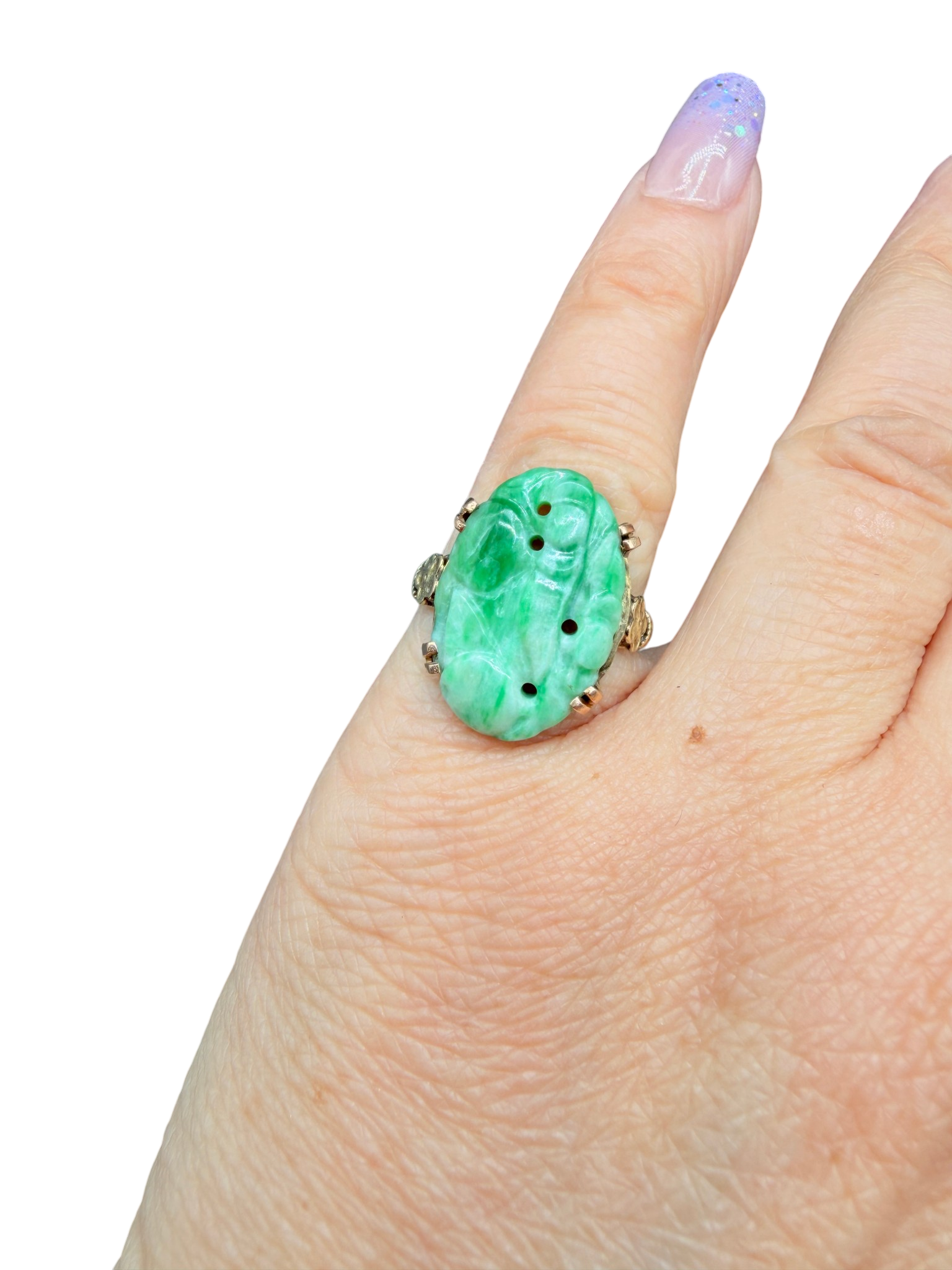 Antique Art Deco 14K Gold Jade Cutout Flower Ring