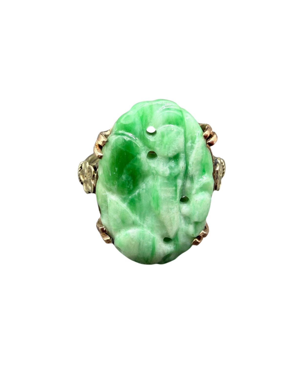 Antique Art Deco 14K Gold Jade Cutout Flower Ring