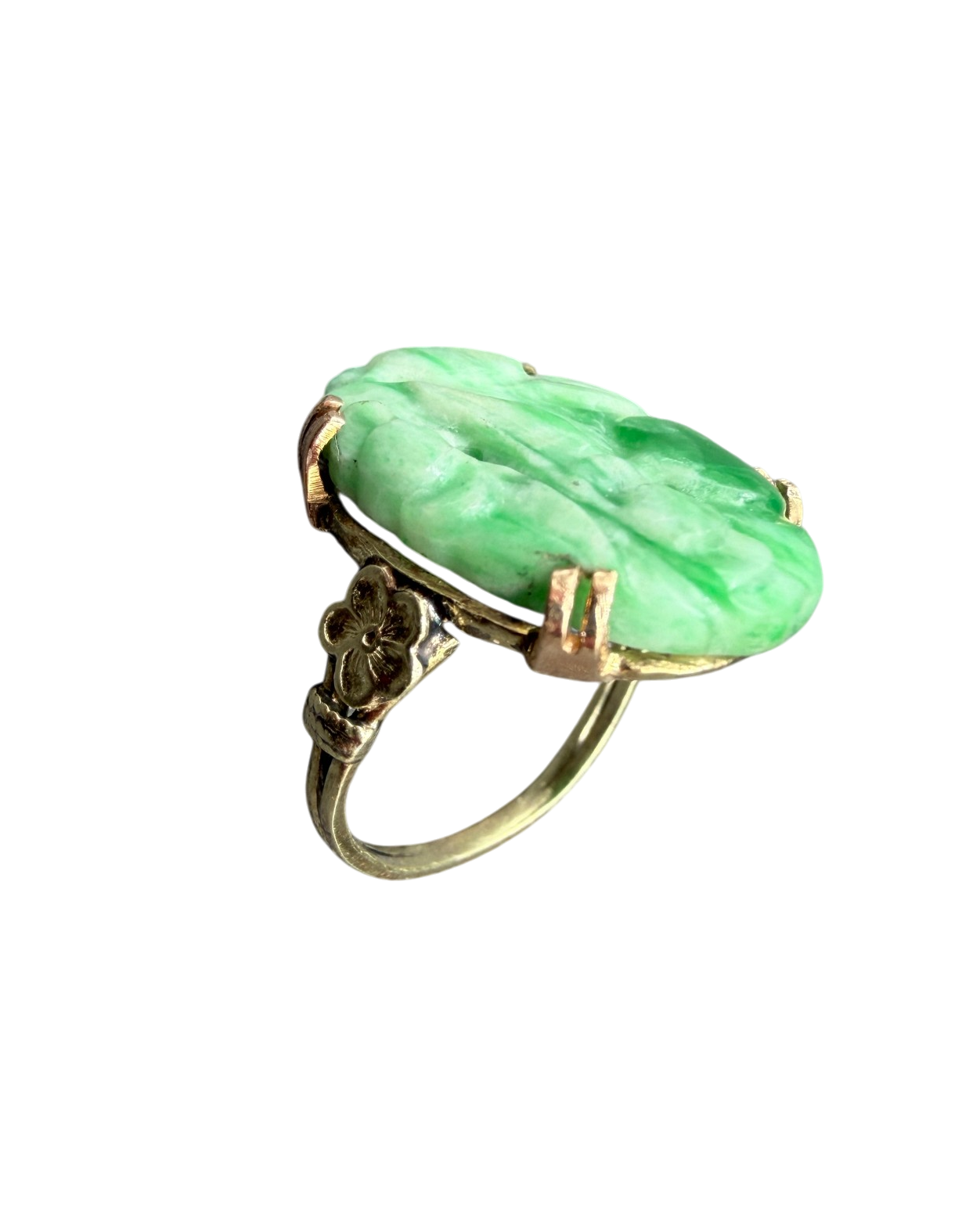 Antique Art Deco 14K Gold Jade Cutout Flower Ring