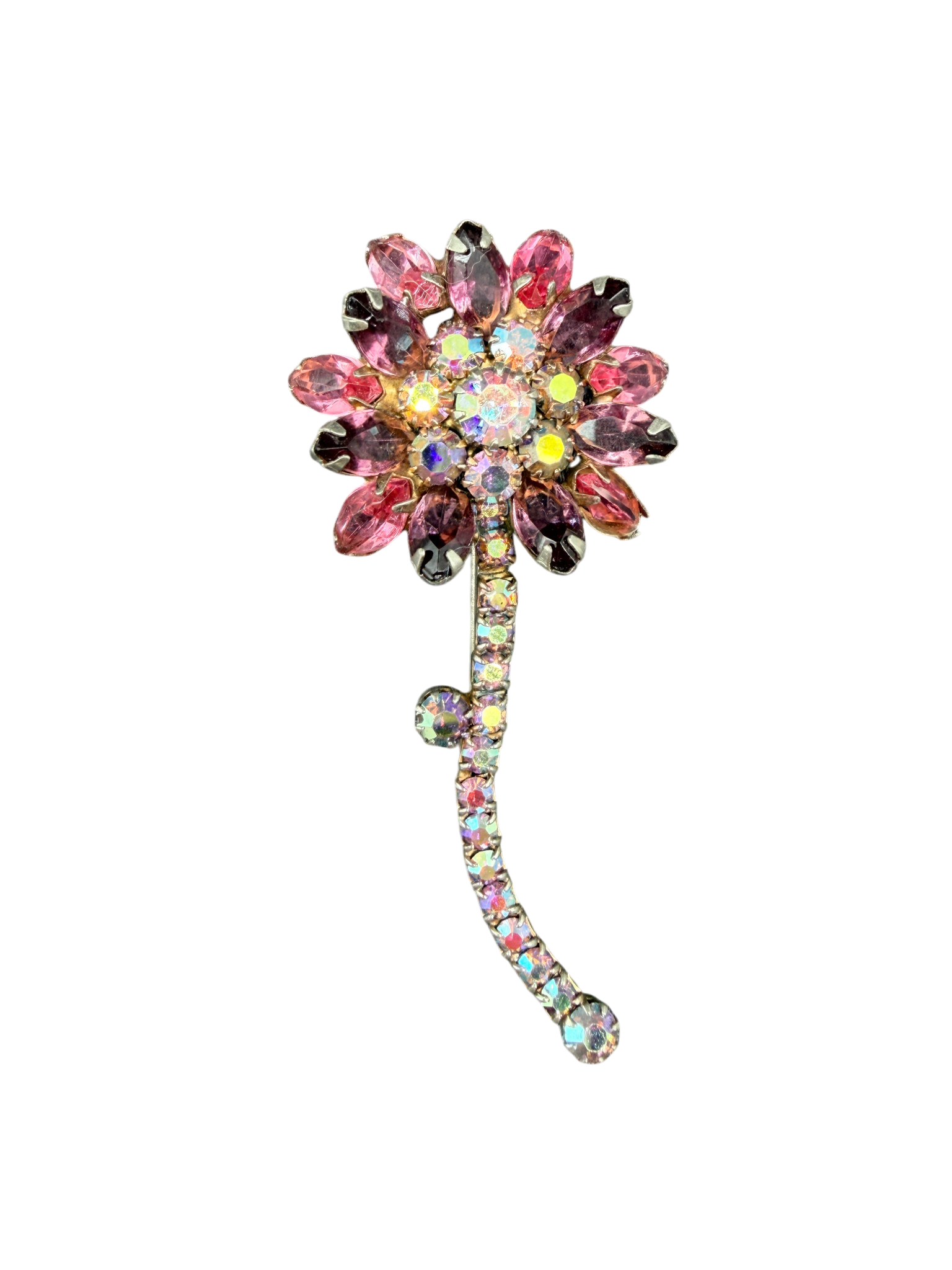 1950s 3D Pink Floral Crystal Brooch with Stem
