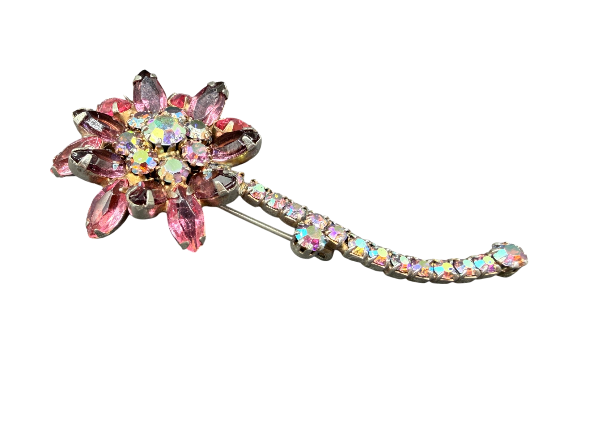 1950s 3D Pink Floral Crystal Brooch with Stem